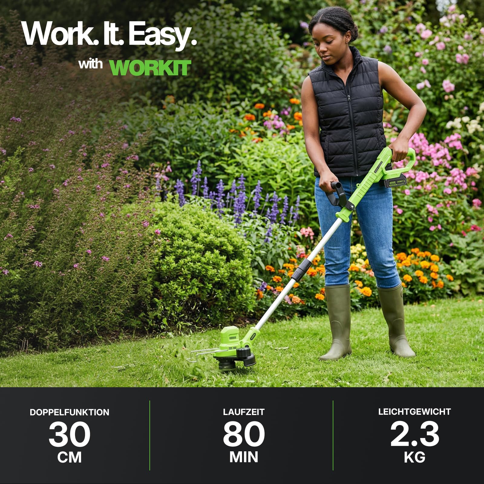 WORKIT 20V Akku Rasentrimmer mit Akku und Ladegerät, 2-in-1 Freischneider Akku, Bürstenloser Motor, inkl. 2x 4,0 Ah Akkus, Teleskopstiel für Unkrautentfernung, Gartenpflege Set