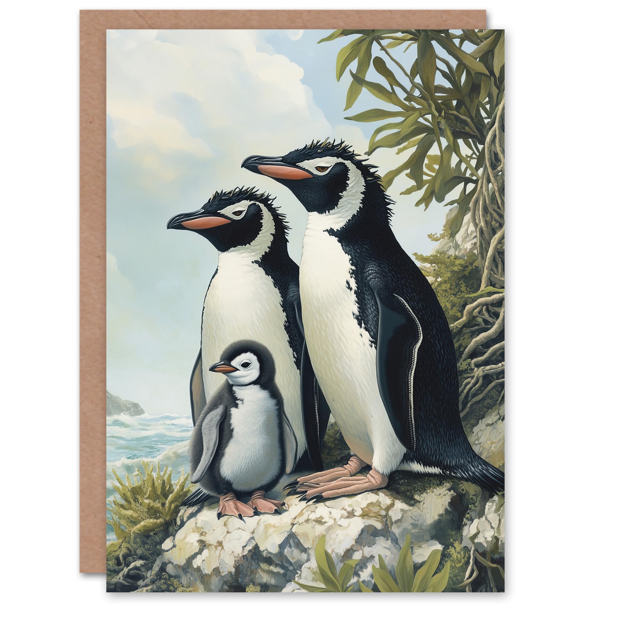 Artery8 Greeting Card Penguins with Baby Animal Family Portrait Blank For Him Or Her Art Birthday Card