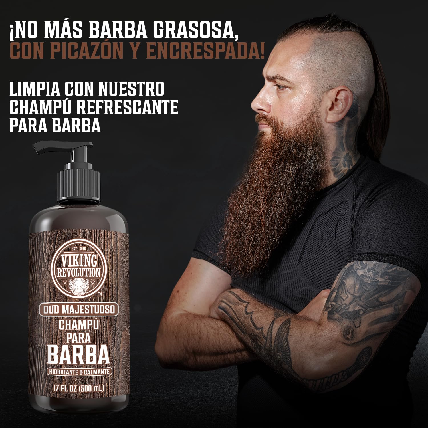 Viking Revolution Juego de Champú y Acondicionador de Barba con Aceites de Argán y Jojoba - Champú Barba Hombre que Suaviza, Alisa y Fortalece el Crecimiento - Oud Majestuoso 2x500 ml