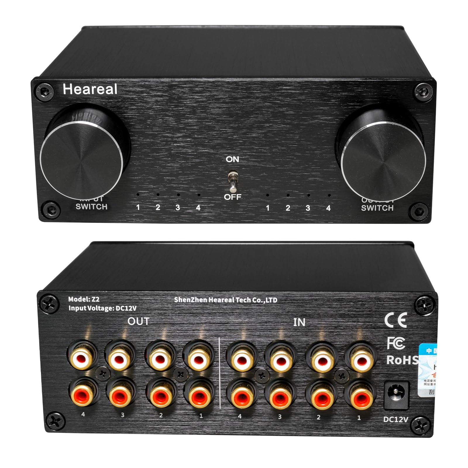 Selettore audio stereo RCA 4 in 4 uscite, connettori placcati oro, doppi selettori a 4 posizioni per ingresso e uscita, guscio in alluminio, nessuna perdita di segnale, per amplificatore lettore CD