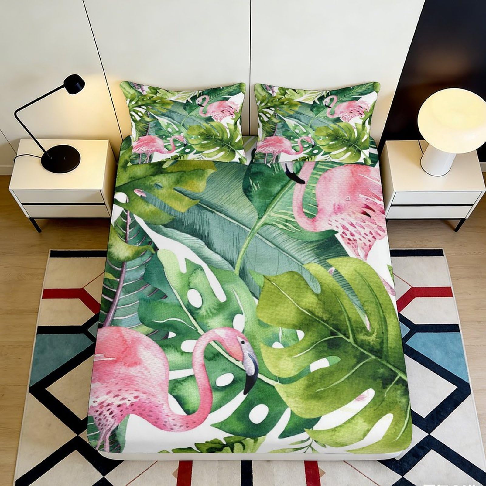 3D Printed Tropical Flamingo Fitted Sheet Microfiber Soft Breathable Leaf Pattern Mattress Cover for Bedroom Dormitory Guest Room Easy Care 200x200x25cm