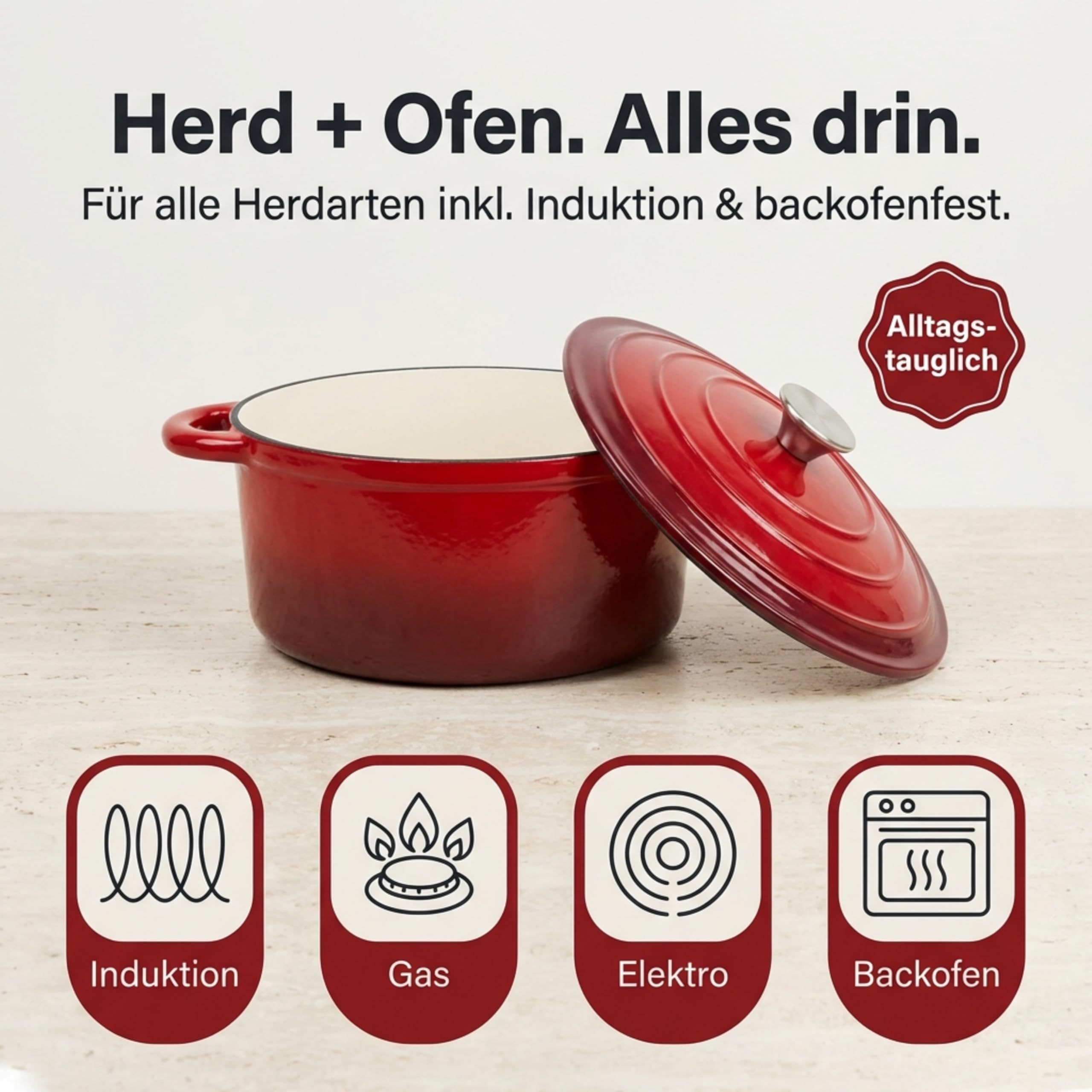 Homira Gusseisen Bräter Ø 26 cm mit Deckel – Emaille Schmortopf aus massivem Gusseisen, Dutch Oven für Induktion & alle Herdarten, backofenfest, ideal für Schmoren, Braten & Eintöpfe