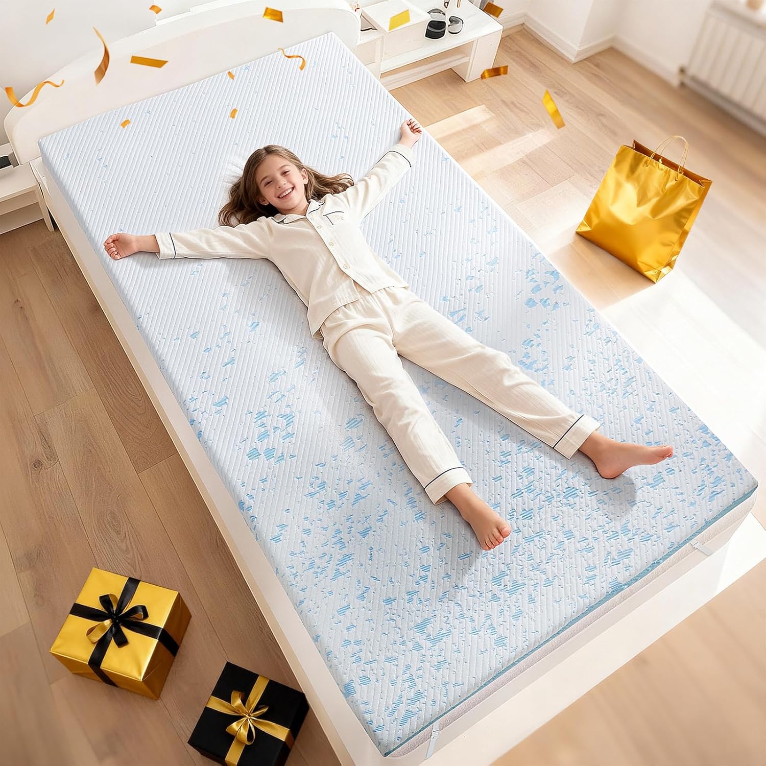 OhGeni 3 Inch Cooling Twin Size Gel Memory Foam Mattress Toppers Pad, Soft Washable Bed Cover with Anti-Slip Base & Zipper, Fits 6"-19" Mattresses with Straps?Extra Comfort & Back-Friendly for Kids Twin 3''