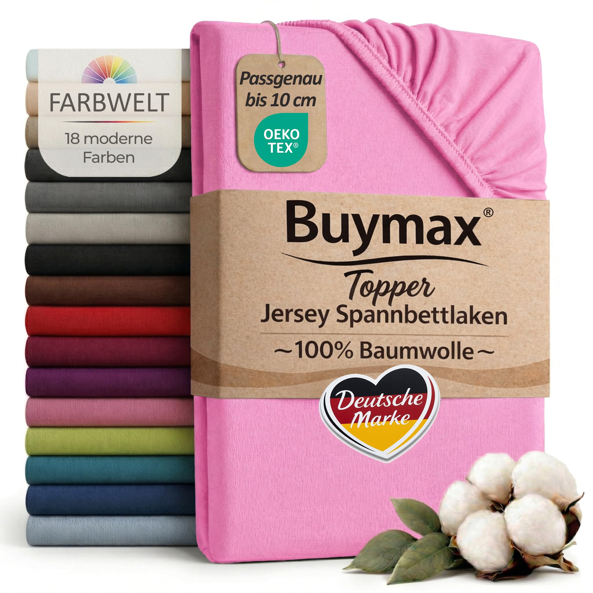 Buymax Jersey Topper Spannbettlaken aus 100% Baumwolle – Spannbetttuch für Topper bis 10 cm Höhe (18 cm Steg), atmungsaktiv, elastisch, Oeko-TEX