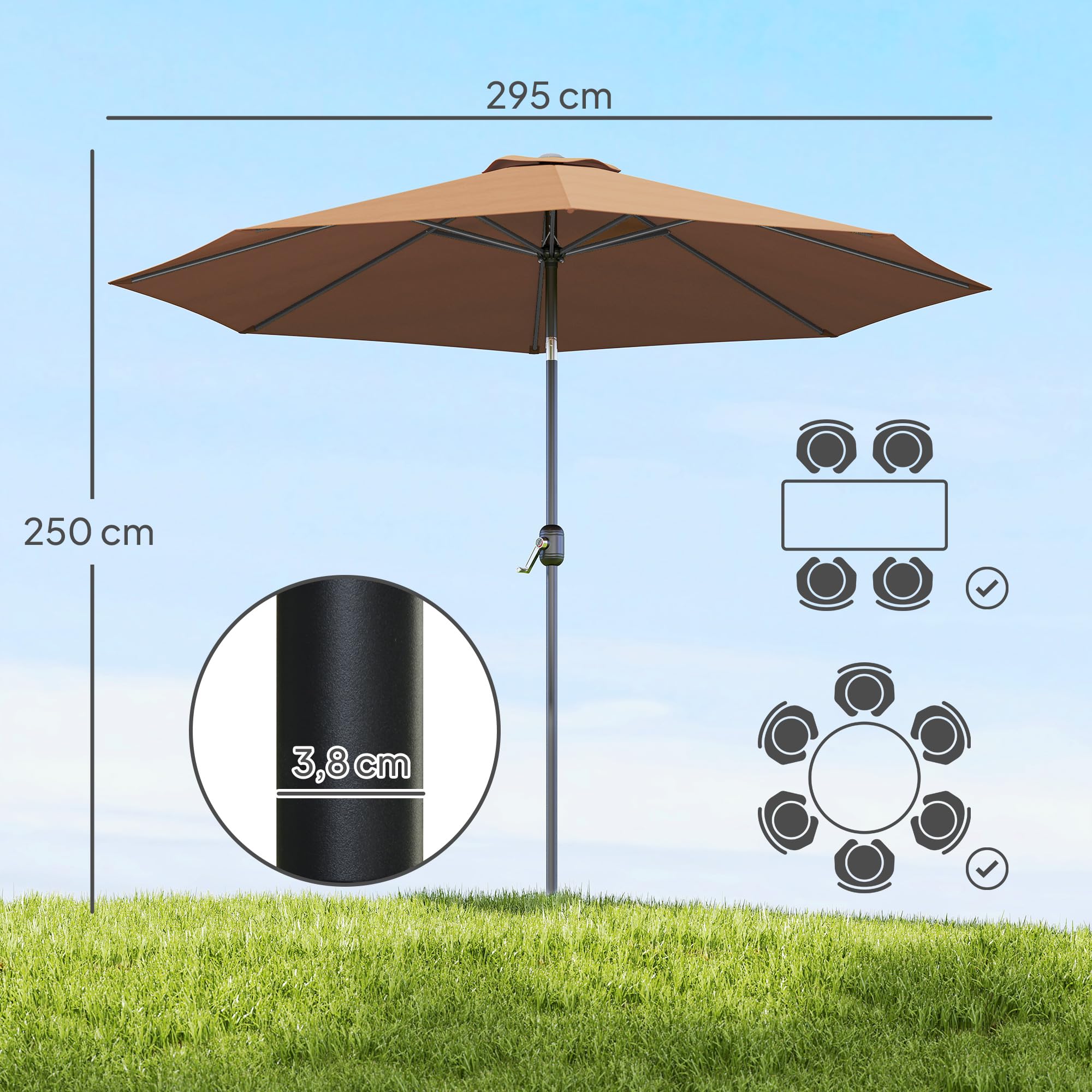 Outsunny Parasol składany z ręczną korbką, brązowy, Ø2,95 x 2,5 m
