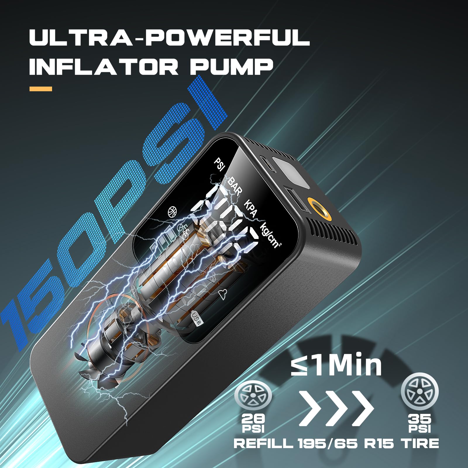 Compressore Aria Portatile, 150 PSI (10,3Bar) Mini Compressore Portatile con Arresto Automatico & LED, Inflazione Rapida, Batteria 6000mAh, USB-C, Gonfiatore Elettrico per Auto/Moto/Bici/Palla, Nero
