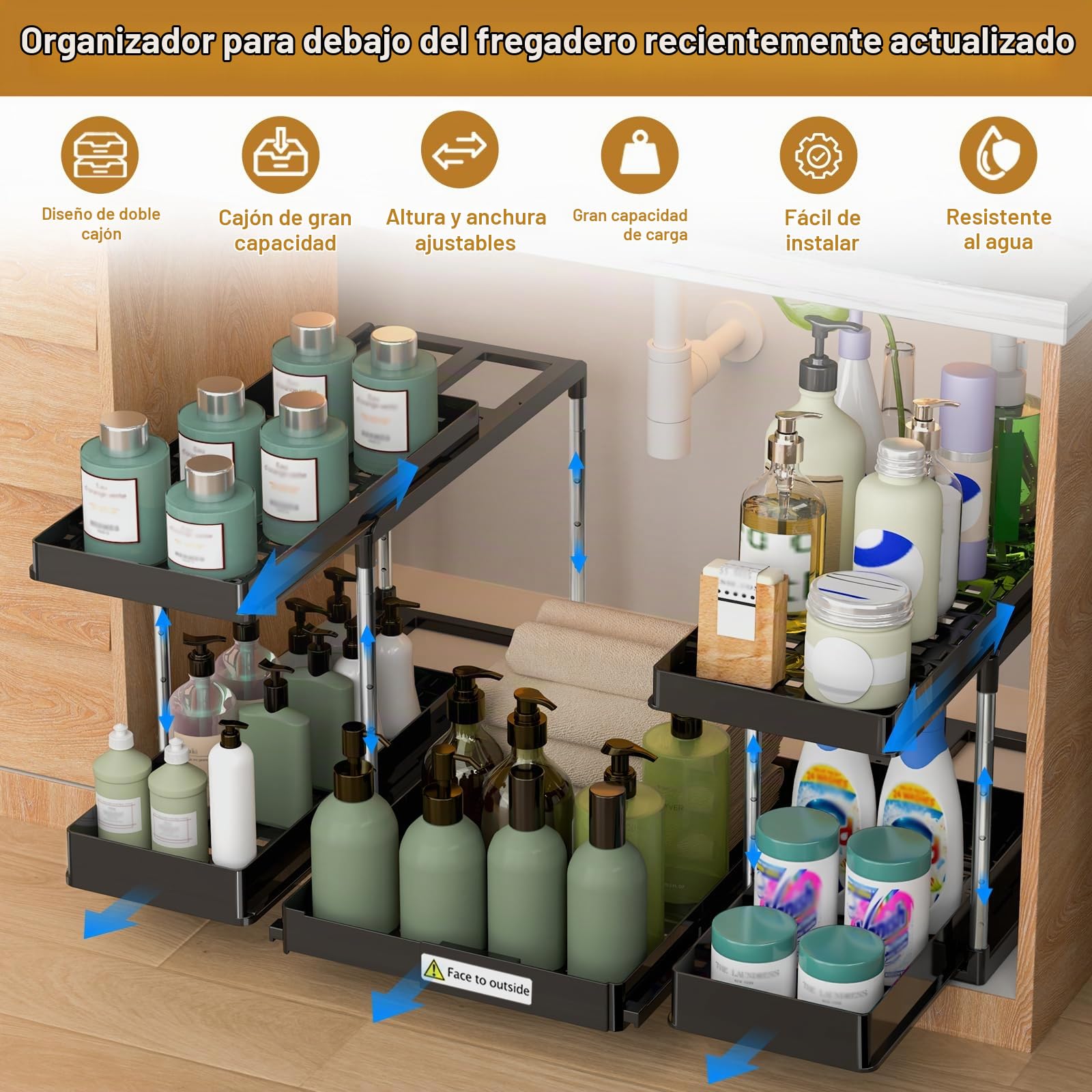 NIUXX Organizador para bajo fregadero y lavavajillas - Altura regulable | Estantes de cocina con cajones deslizantes - muy adecuados para baños y armarios de tanques de agua con tubos en forma de U