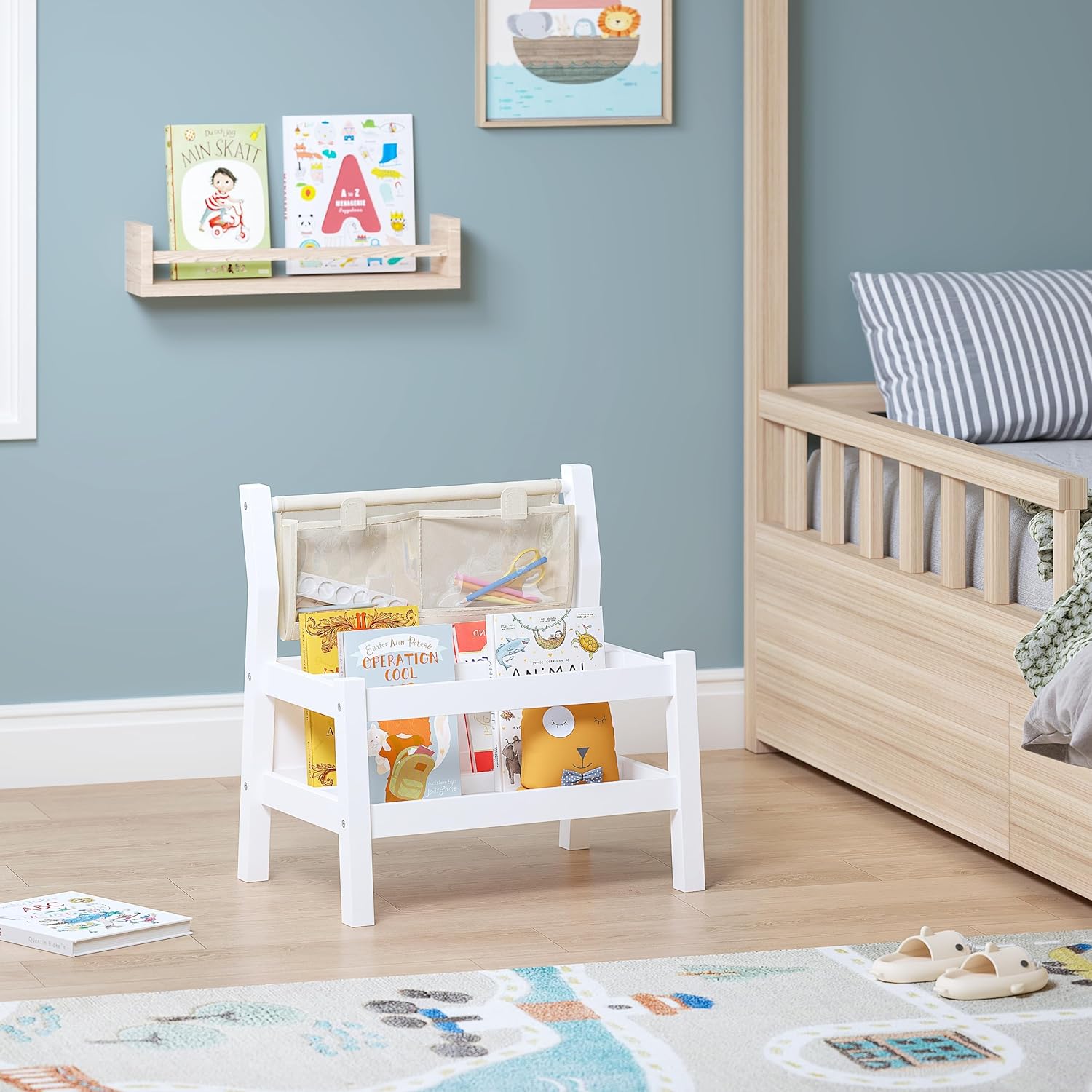 Spirich Montessori Kids Bookshelf - Front-Facing Children’s Book Display with Storage Pouch, White Wood Floor Bookcase for Nursery & Playroom - Image 2