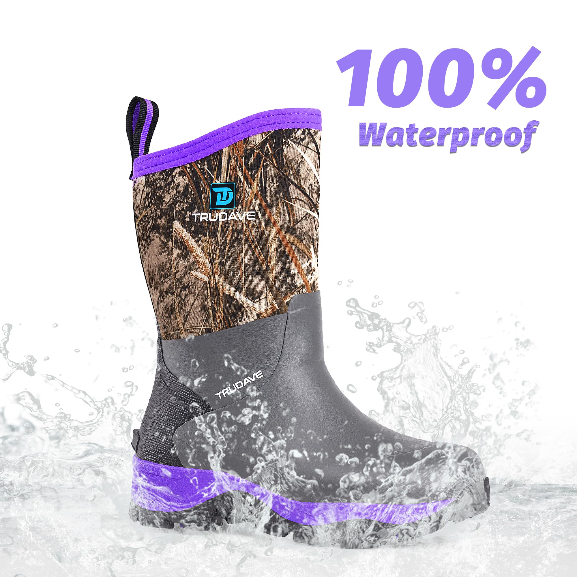Trudave Rubber Rain Boots for Women, Neoprene Insulated Mud Work Boots, Anti-slip Breathable Mid-calf Boot for Garden, Water Fishing, Purple, Size 9