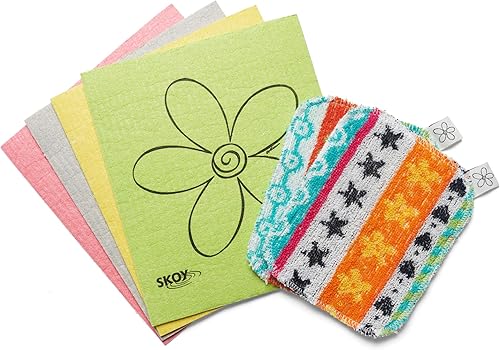 Skoy Paquete de 2 unidades Skoy Scrub, y 4 paños de cocina suecos Skoy Swedish, productos de limpieza reutilizables para cocina y hogar, aptos para