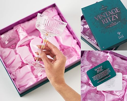 Miniatura 3 de GLASSIQUE CADEAU Vintage Ritzy - Vasos de cóctel y champán  Juego de 4  Cristalería de tallo largo de cristal de 7 onzas para beber Martini,