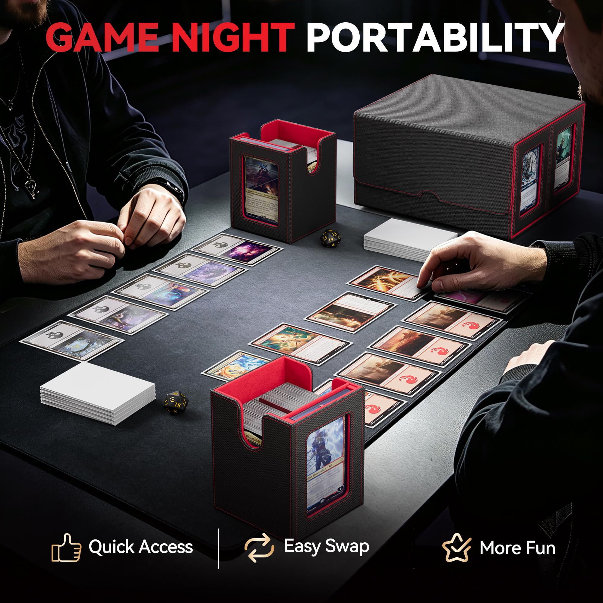 Scatola porta mazzi per MTG con display Commander, scatola per carte 5 in 1 adatta a oltre 400 carte con doppio sleeve, custodia rimovibile per TCG/carte sportive con vassoio per dadi, 4 porta carte