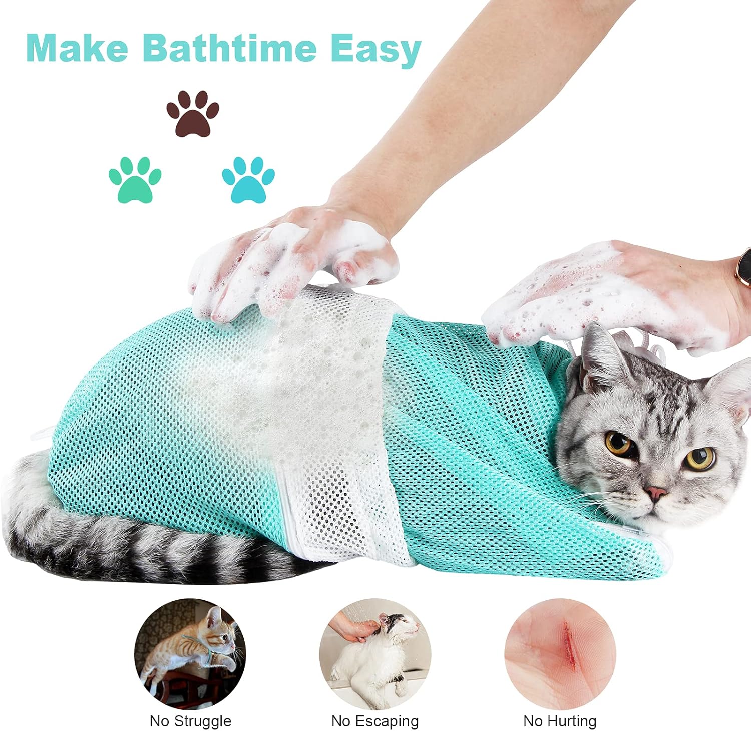 Cat Bag for Bathing 8 PCS Set with Cat Shower Net Bag Adjustable Pet Grooming Brush Nail Clipper Nail File Hair Combs Tick Tool Nail Caps, Nail Trimming Bath Cleaning Supplies Kit for Cats & Dogs