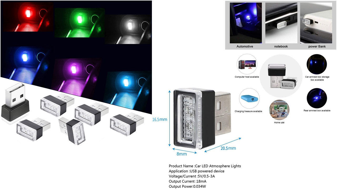 JZK - Mini luce LED USB, senza fili, piccola luce notturna, illuminazione interna auto, 4 pezzi, blu viola rosso giallo