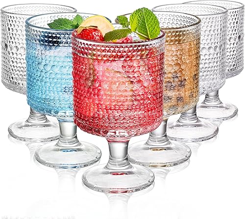 ZOOFOX Juego de 6 copas románticas de copa vintage, copas de vino de tallo corto en relieve de 8 onzas, juego de vasos para beber zumo, cóctel,