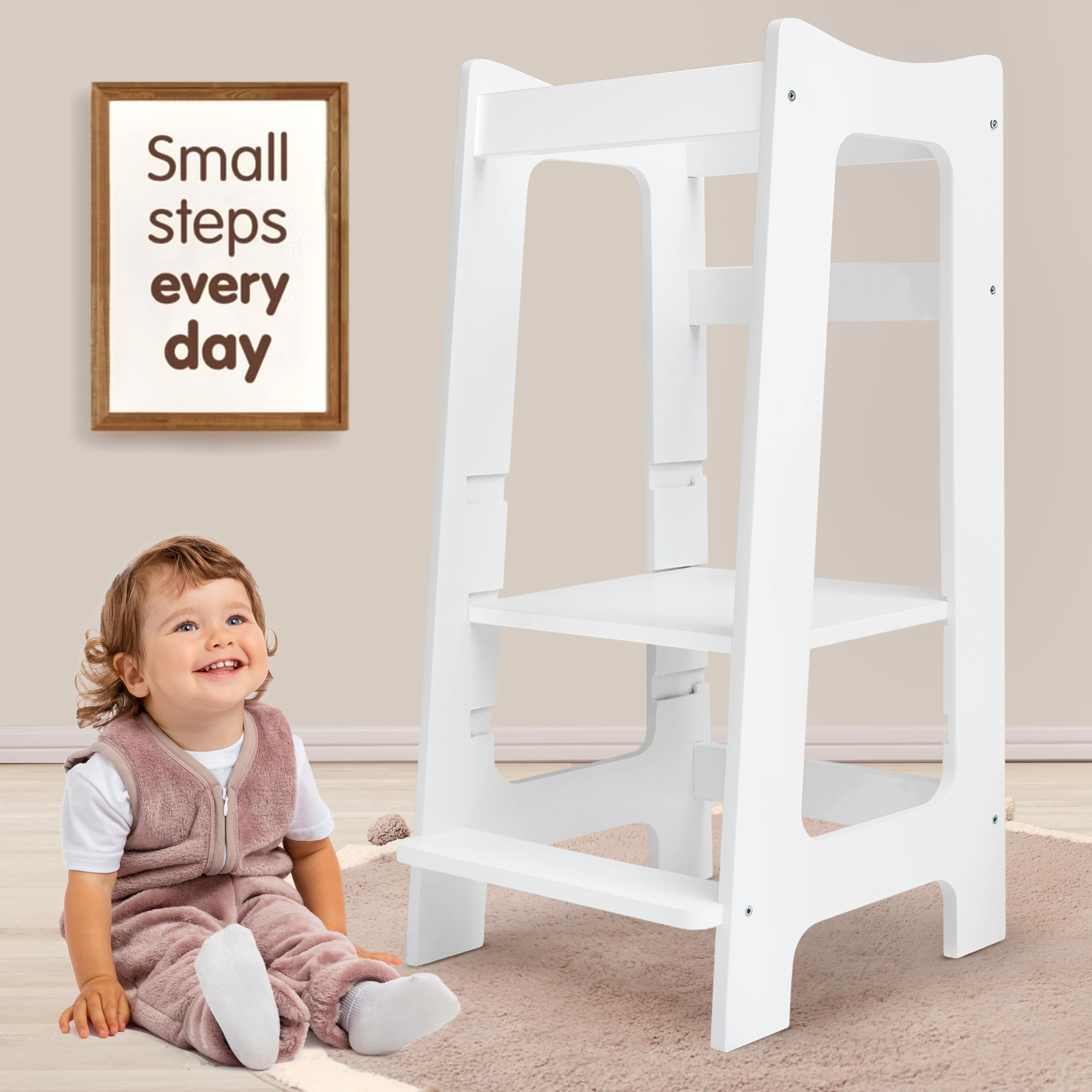 Love For Sleep White Montessori Learning Tower – Wooden Kitchen Step Stool, Safe Standing Helper Platform With 3 Adjustable Heights For Toddlers 2–6 Years (White)