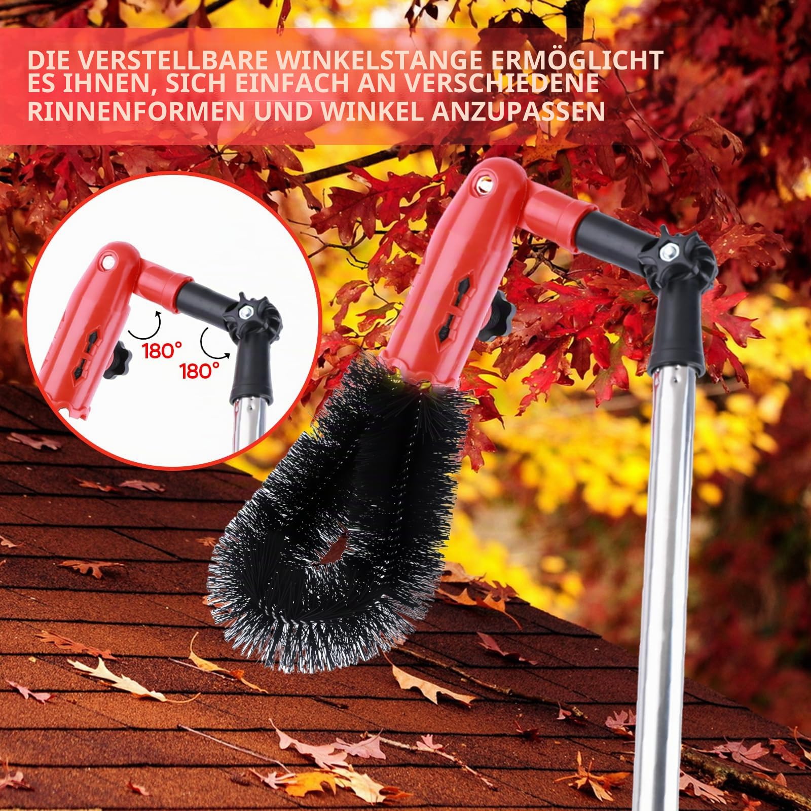 4m Teleskop Dachrinnenreiniger Kit mit Rechen Schaufel und Dachrinnenbürste, 180° Schwenkbarem Kopf Dachrinnen Reinigungswerkzeug von Blättern, Schmutz, Fenstern, Keine Leiter Benötigt