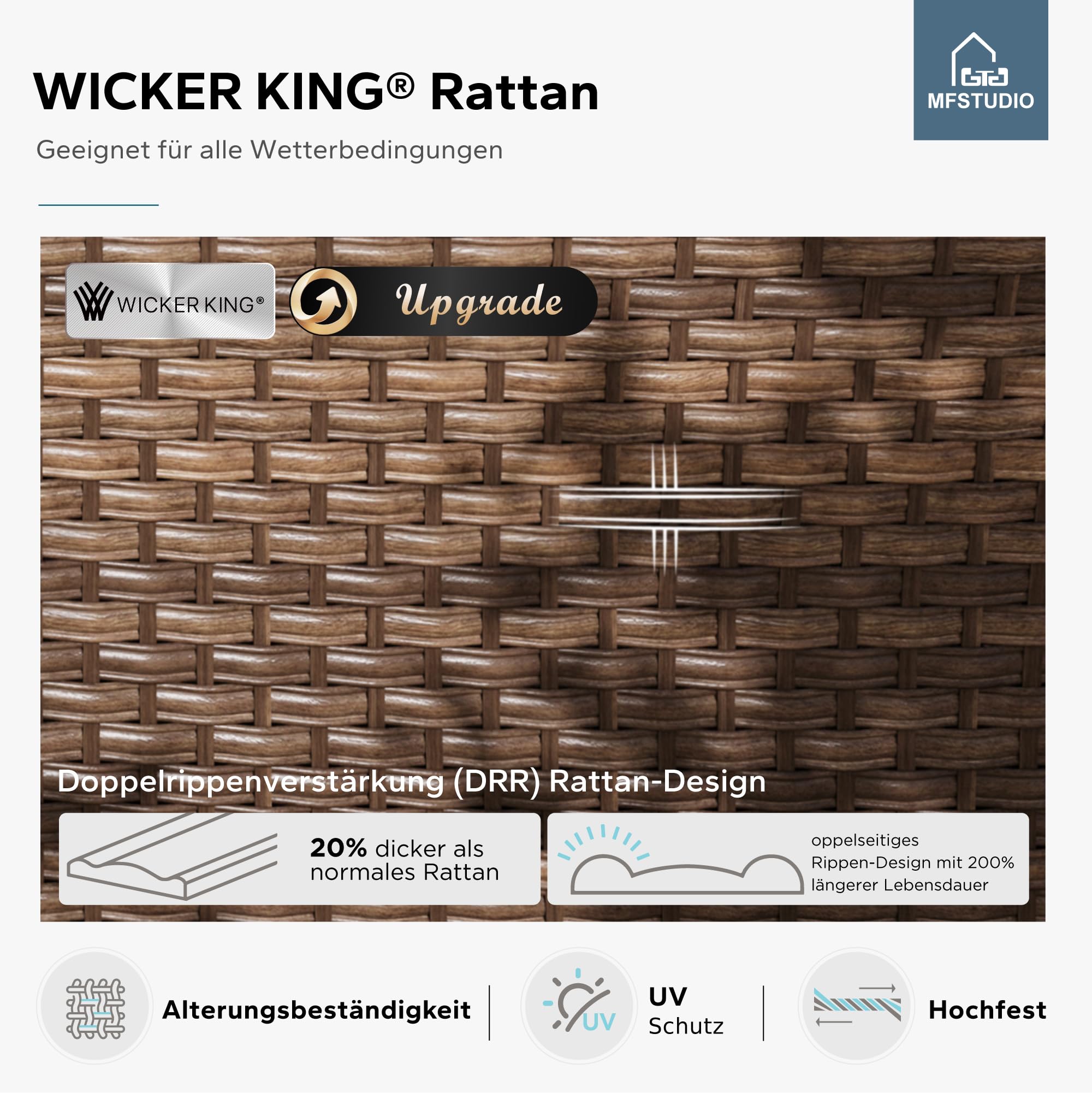 MFSTUDIO Polyrattan Lounge Set, Aktualisierte Rippen, 20% Dicker als Andere, Cushion PRO Fabric Wasserdicht, Leicht zu Reinigen. Gartenmöbel Wetterfest, Sitzgruppe für Garten.