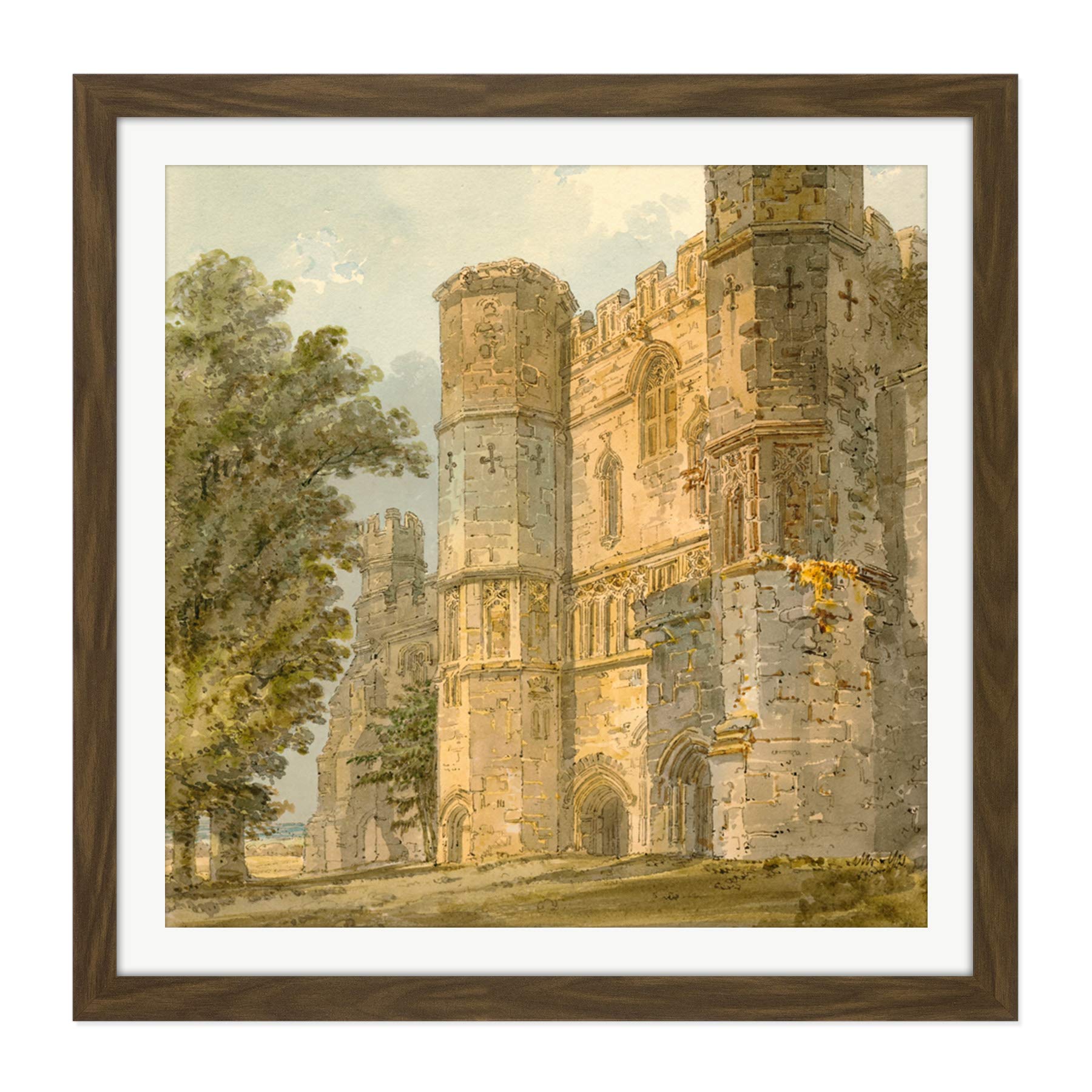 Artery8 Girtin The Gatehouse Of Battle Abbey Sussex 1794 Painting Square Wooden Framed Wall Art Print Picture 16X16 Inch