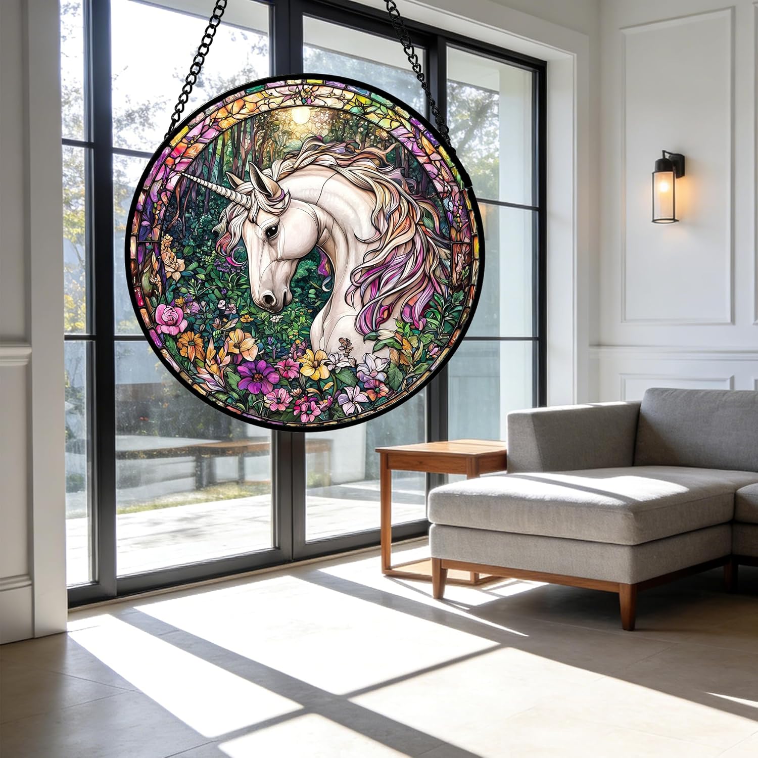 DASTOLL Stained Glass Window Hanging, Unicorn Flowers Suncatcher for Doors Home Sun Catchers Decoration and Christmas, Mother's Day Birthday Gifts for Women, Men, and Mom 7.8 in