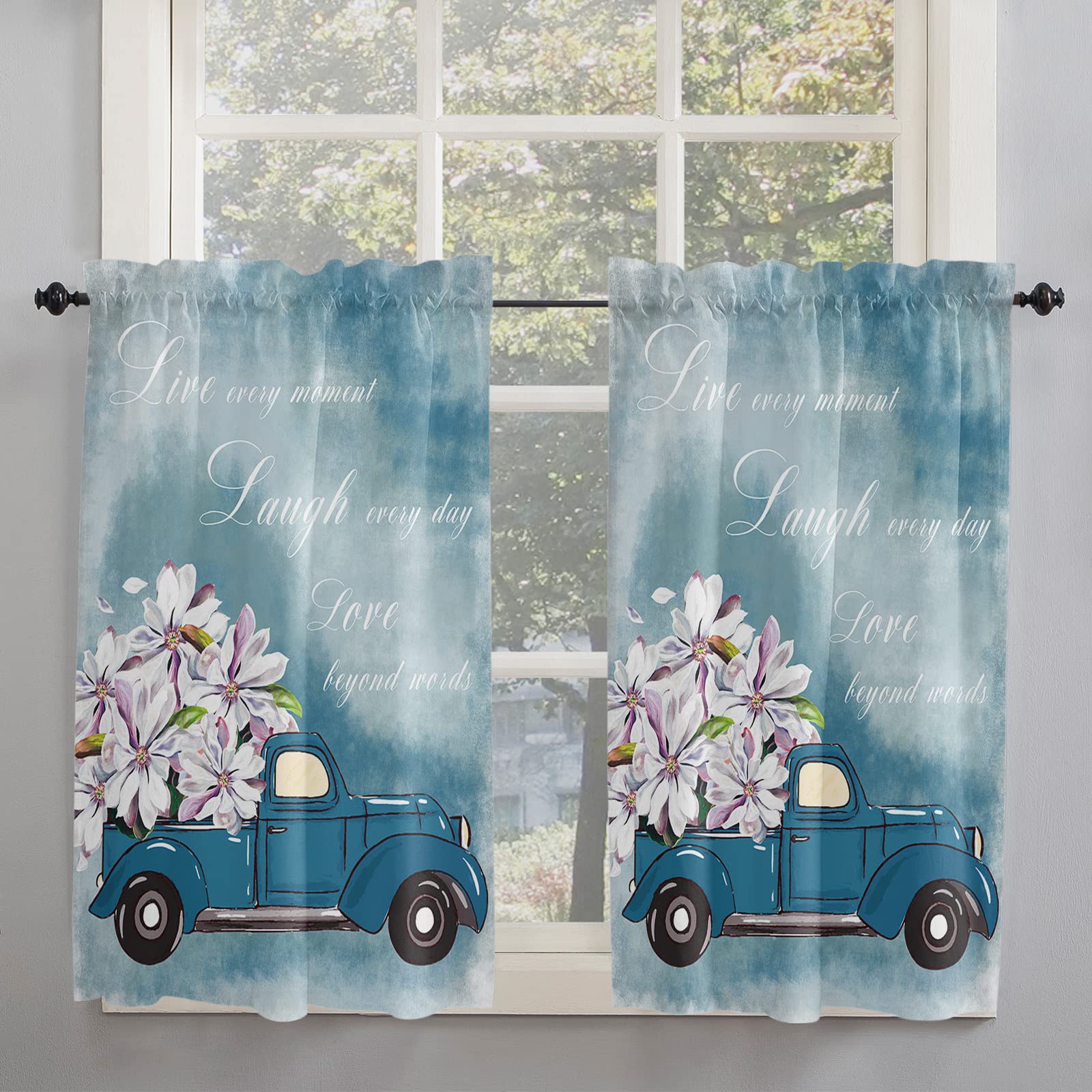 Vintage Blue Truck Floral Window Curtain Panels Set of 2, Rod Pocket Drapery Curtains for Kids Bedroom Living Room Kitchen Basement, Washable Valance Window Drapes, Magnolia Flower, 27.5x45inch