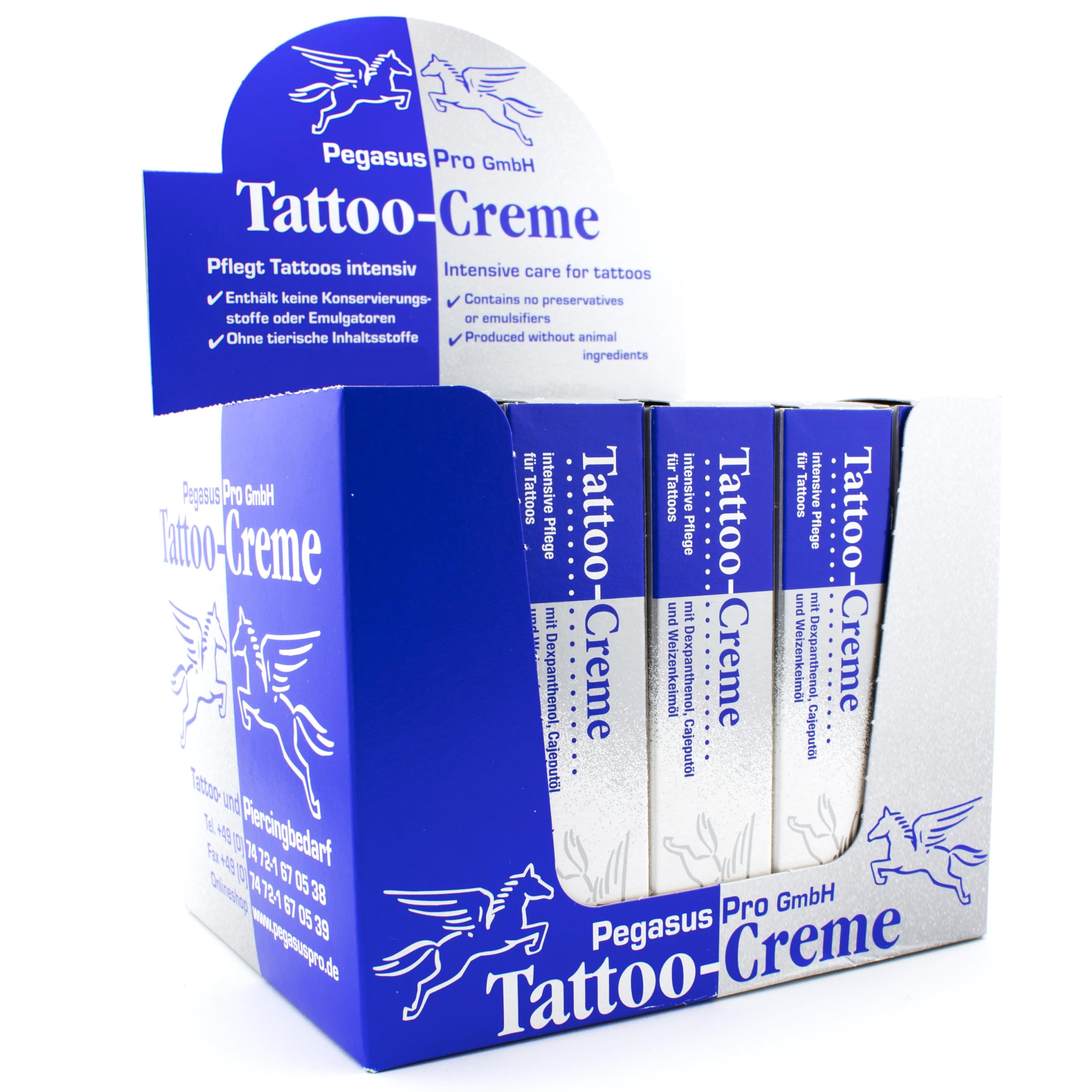 Pegasus Pro Crema para tatuajes, juego de 25 unidades en expositor de mostrador, 25 g, cuidado y cuidado posterior para una protección intensiva del tatuaje, hidratante con aceite de cajeput, aceite