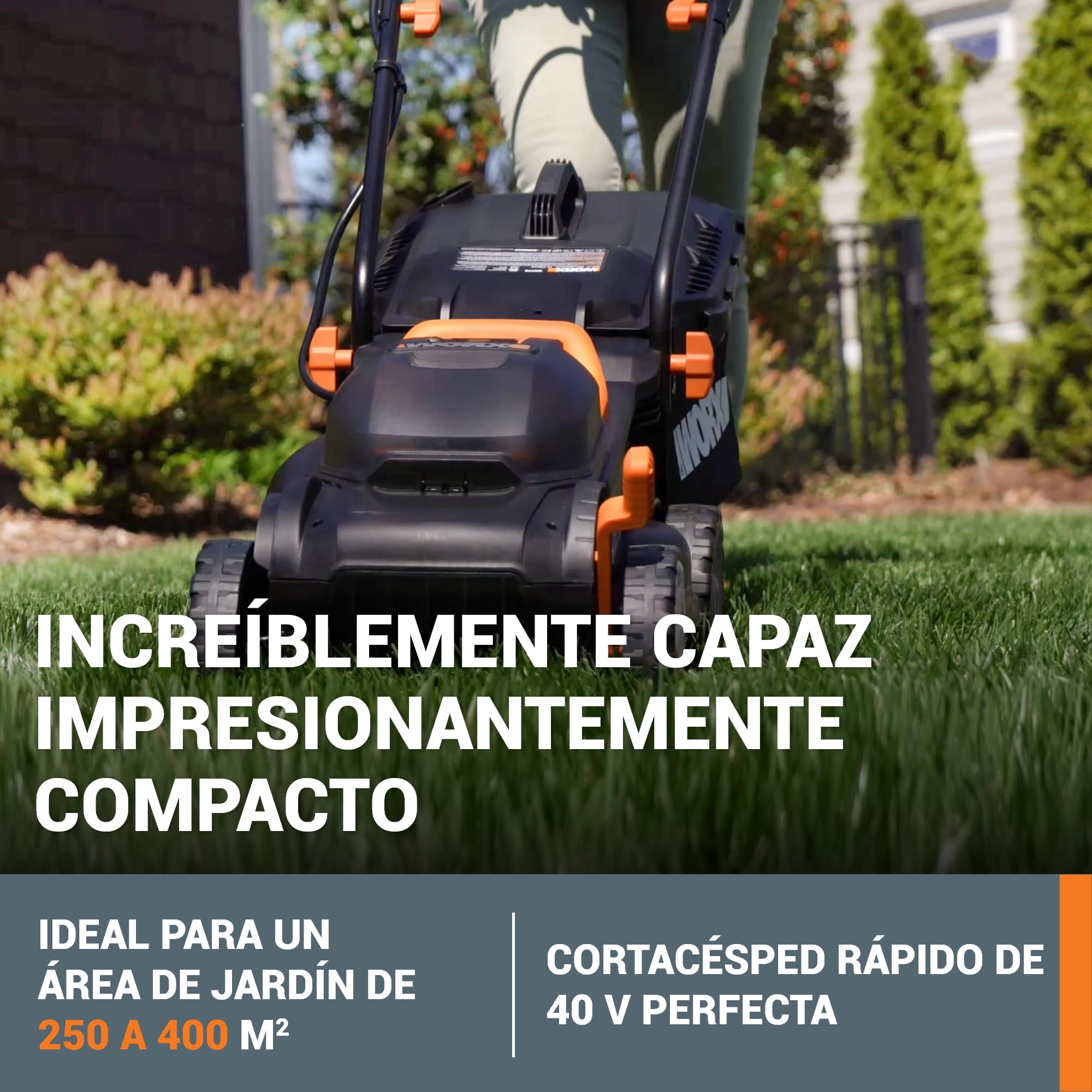 WORX WG779E.1 Cortacésped 40V 2x20V 4Ah, Ancho 34cm, Tecnología IntelliCut, Cut-to-Edge, 6 Alturas de Corte, Asa Plegable, 2 Baterías Incluidas