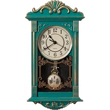 Clockswise Vintage Grandfather-Style Wall Clock with Wood-Effect Plastic Pendulum, Battery-Operated - for Home Decor, Living Room, Home Office, Kitchen or Dining Room Green
