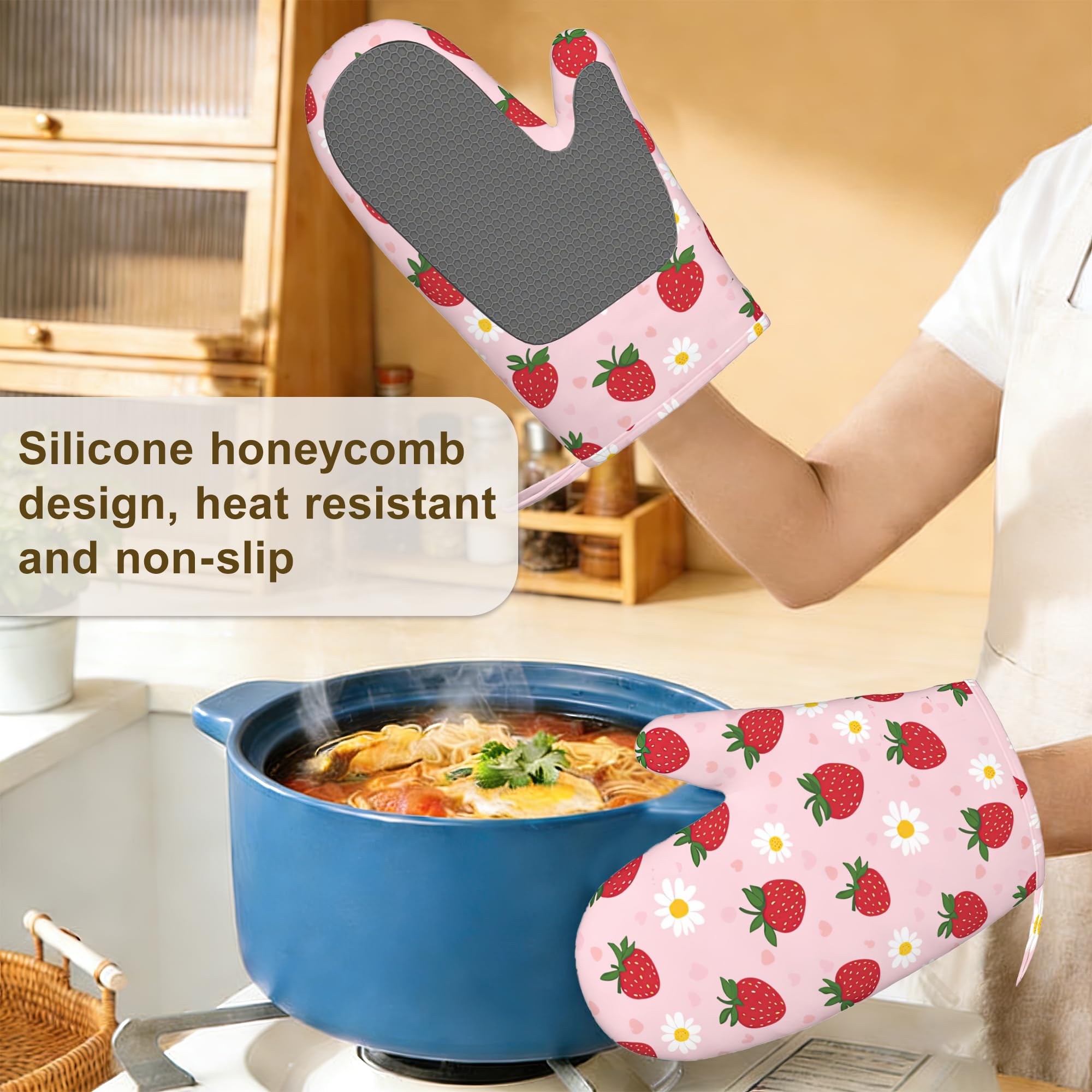 Juego de 4 manoplas de horno y soportes para ollas, diseño floral de fresa, guantes de cocina resistentes al calor con silicona antideslizante para hornear, cocinar, barbacoa