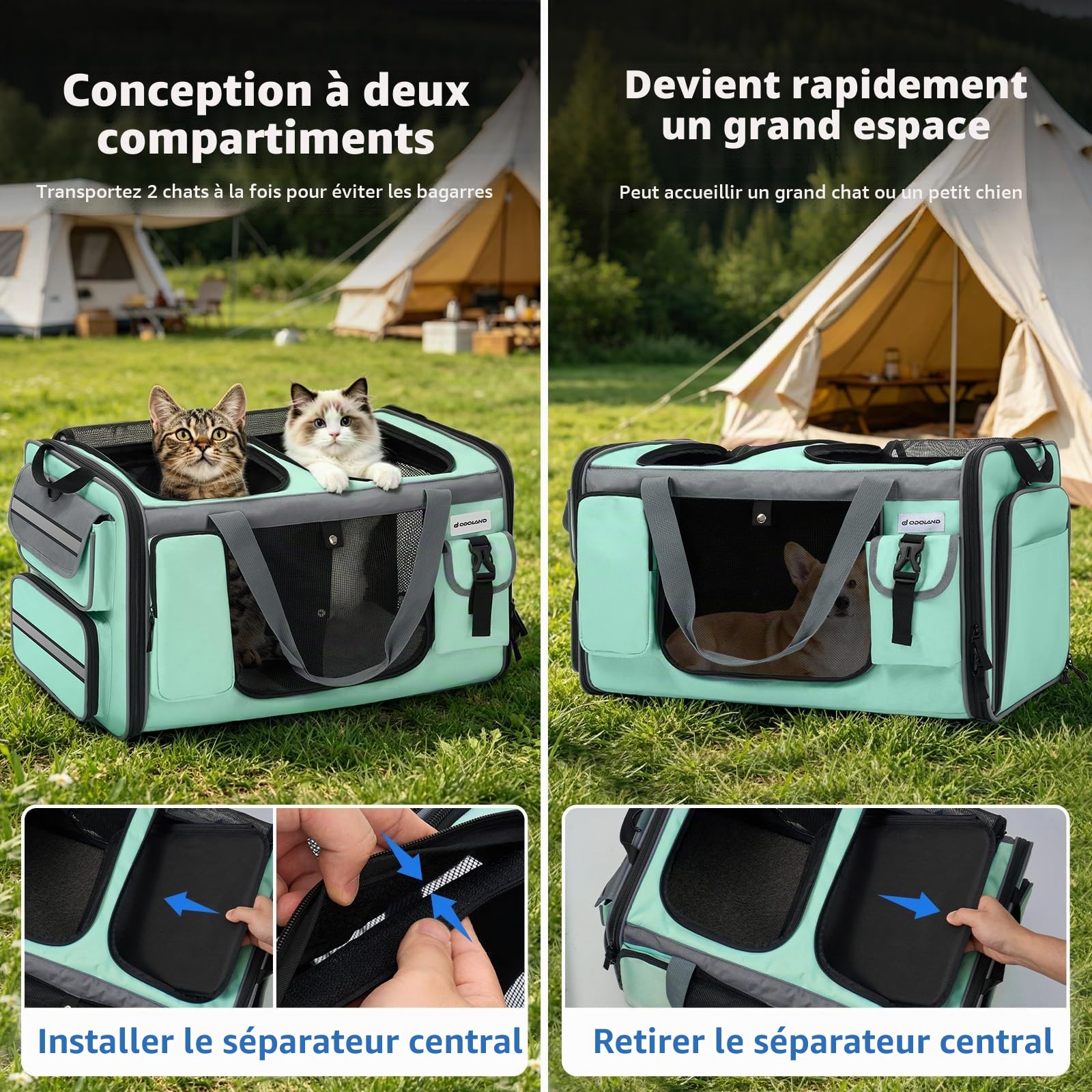 Odoland Transporteur pour Chat Extra Grand, Extensible pour 2 Chats, Sac de Voyage Pliable avec bac à litière, Double Compartiment, Transporteur Souple pour Voiture, Vert