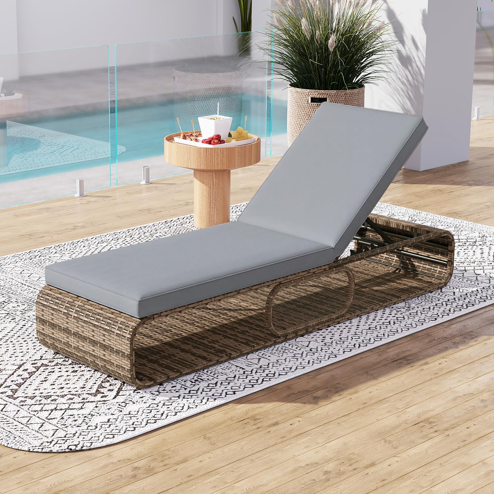 COSTWAY Sedia a Sdraio Imbottita in Rattan PE, Lettino Prendisole con Cuscino Morbido, Spazio di Stoccaggio e Schienale Regolabile a 7 Posizioni, Portata 180 kg, per Piscina e Giardino (1, Grigio)