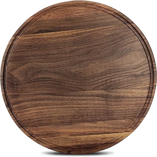 Miniatura 1 de Tabla de cortar redonda de madera de nogal de 12 pulgadas para cocina, tabla de cortar de madera con ranuras de jugo