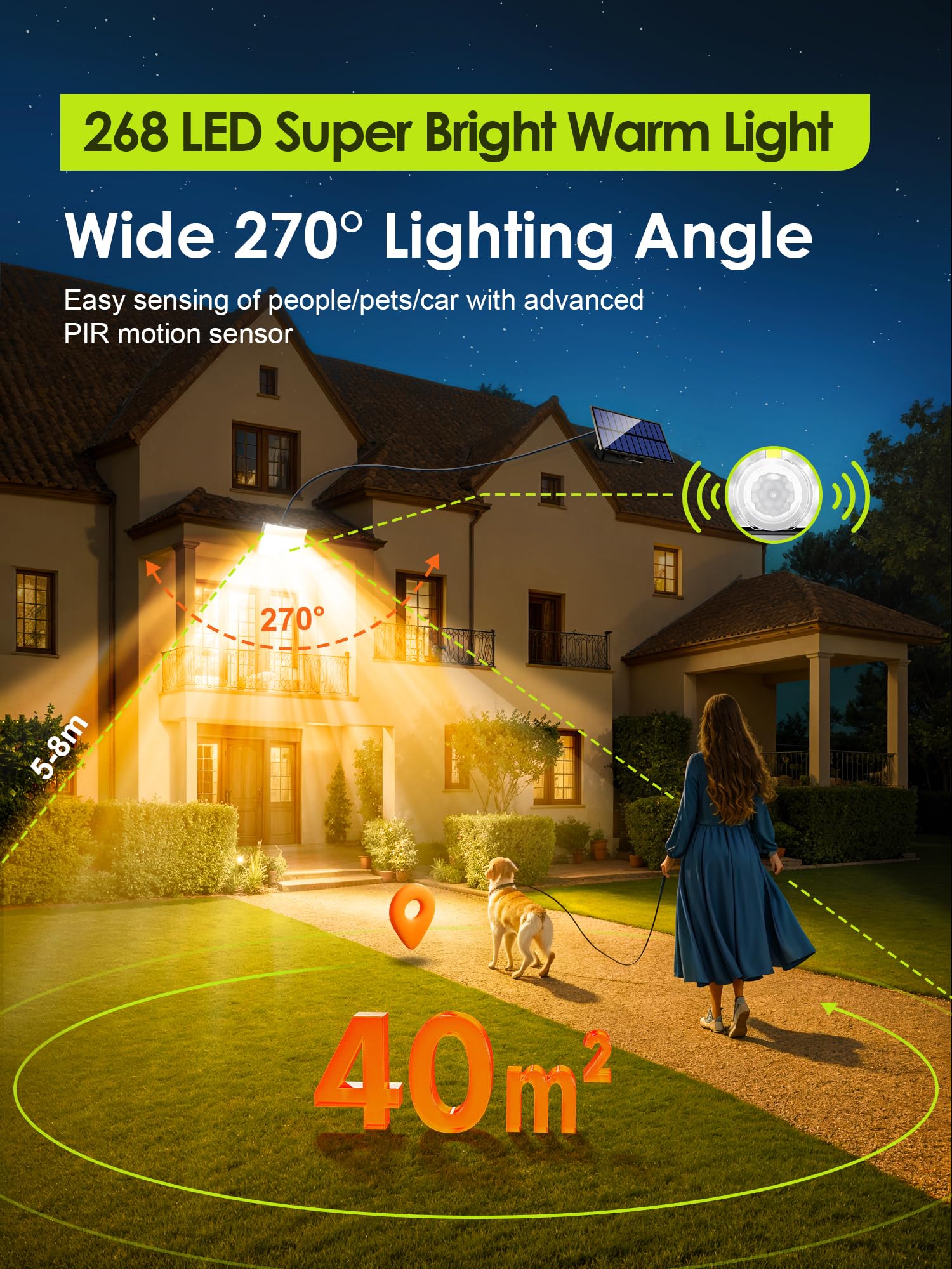 Lampada Solare da Esterno 3000K Giallo Caldo,[268LED/ 5Modes/ 7M]Faro Led Esterno con Pannello Solare, Telecomando Luce Solare Led Esterno,IP65 Faretti Solari a Led da Esterno Luci Solari Esterno