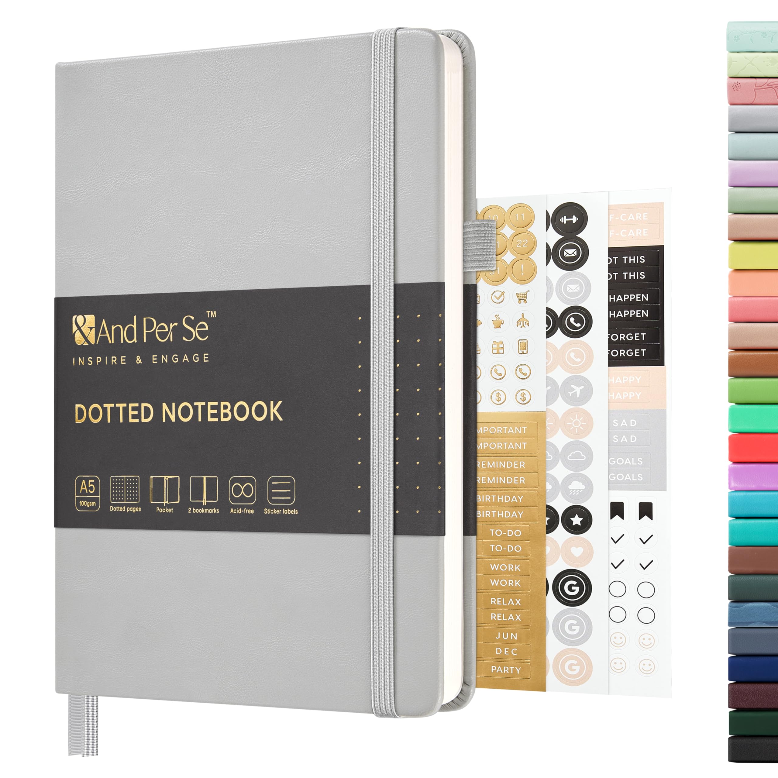 &And Per Se Dotted Journal Notebook, A5 Hardcover Leather Dotted Journal, 160 Pages 100gsm Thick Dot Grid Paper, 3 Sheets of Stickers Included - 5.7''