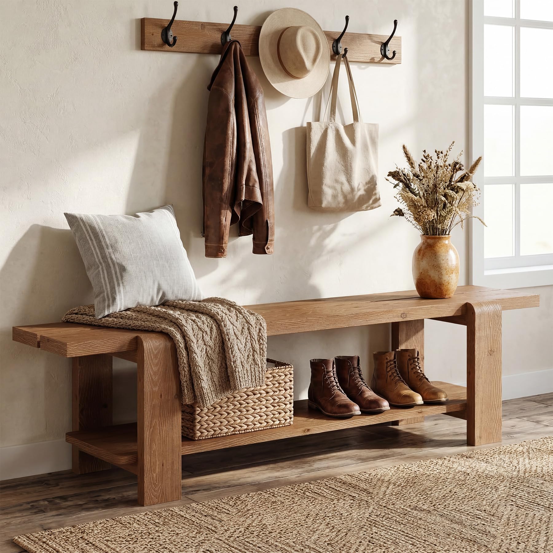 Solid Wood Entryway Bench with Shoe Storage Shelf, 63-Inch Long Farmhouse Entry Shoe Bench, End of Bed Bench for Bedroom, Hallway, Living Room, Mudroom, Rustic Brown