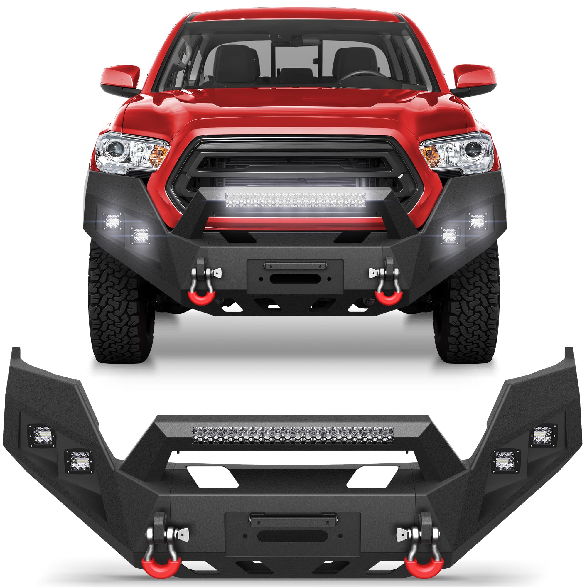 longsunTacoma Front Bumper, Compatible with 3rd Gen Tacoma 2016-2023, Full-Width Textured Black Solid Steel Pickup Truck Bumper with Winch Plate, Lights, D-rings, License Plate Bracket