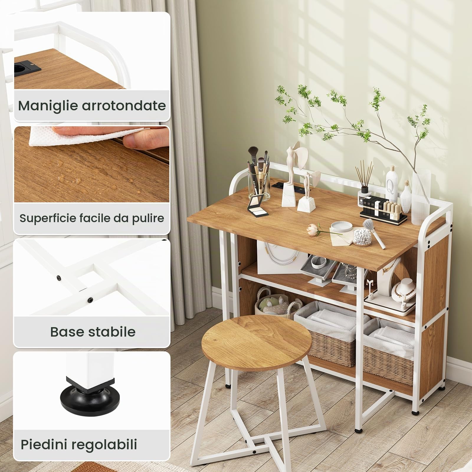 LIFEZEAL Scrivania pieghevole con sgabello, scrivania per computer con 2 ripiani, prese, porta USB e tipo C, salvaspazio, tavolo da ufficio per casa, studio (naturale)