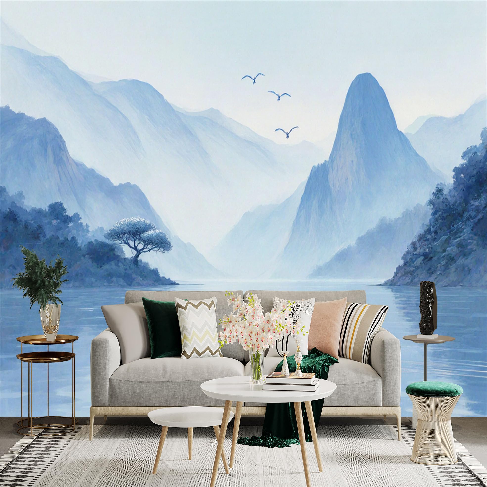 Lnzczhyre Xc260505311 Custom Size Wall Sticker Mural， Serene Lake With Lone Boatman， Misty Mountains And Flying Birds， For Wall Decoration， Peelandstick Wall Decals.