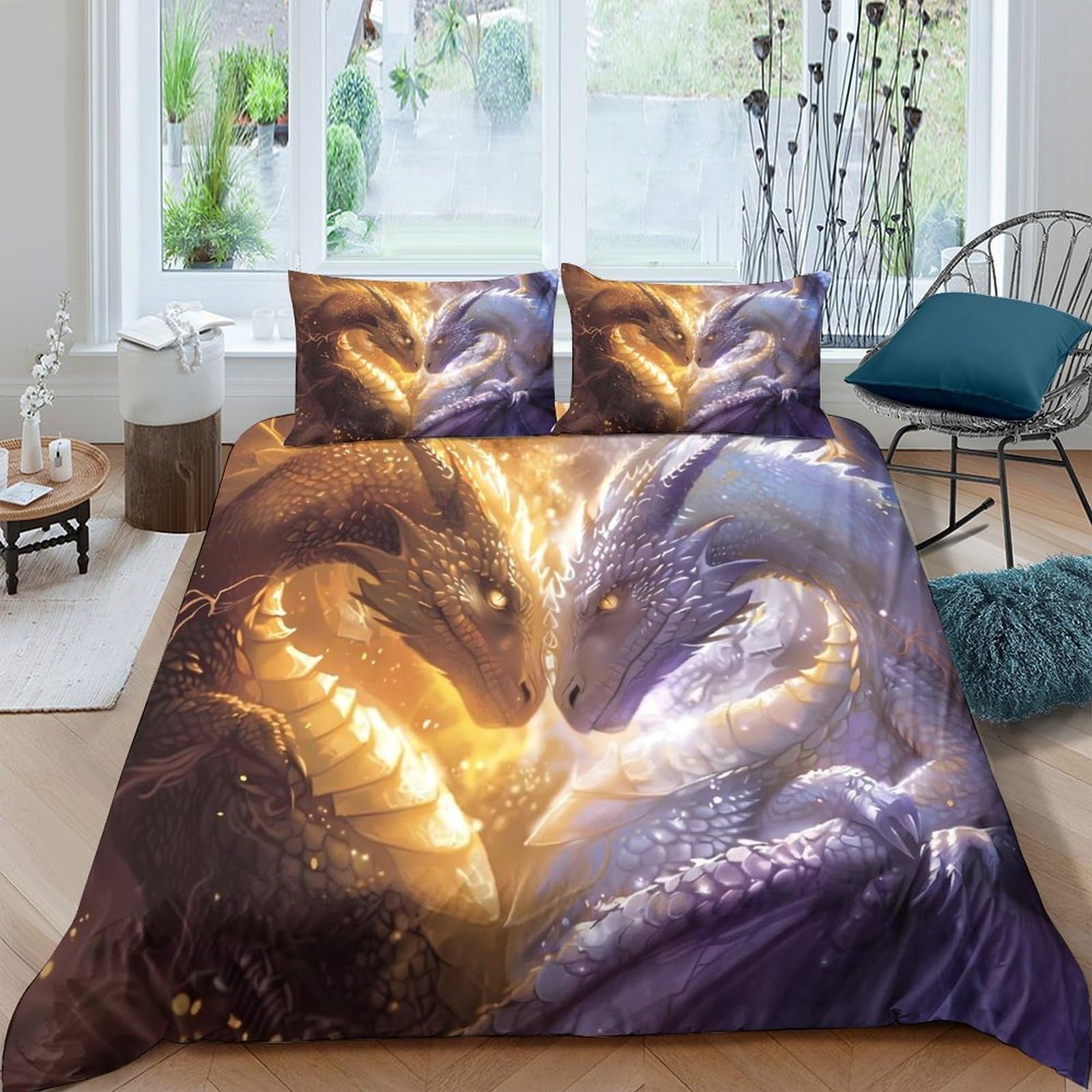 GPLZQXKJNH 3D Printed Dragon Fantasy Duvet Cover Microfiber Soft Breathable Mystic Creature Bedding Set with 2 Pillowcases for Bedroom Decor Single（135x200cm）