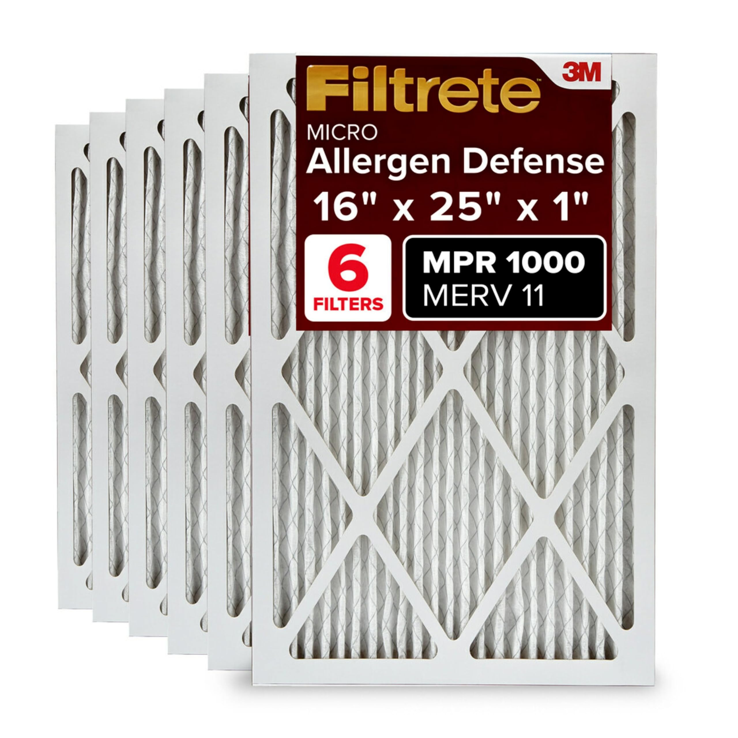 Filtrete 16x25x1 AC Furnace Air Filter, MERV 11, MPR 1000, Micro Allergen Defense, 3-Month Pleated 1-Inch Electrostatic Air Cleaning Filter, 6 Pack (Actual Size 15.69 x 24.69 x 0.81 in)