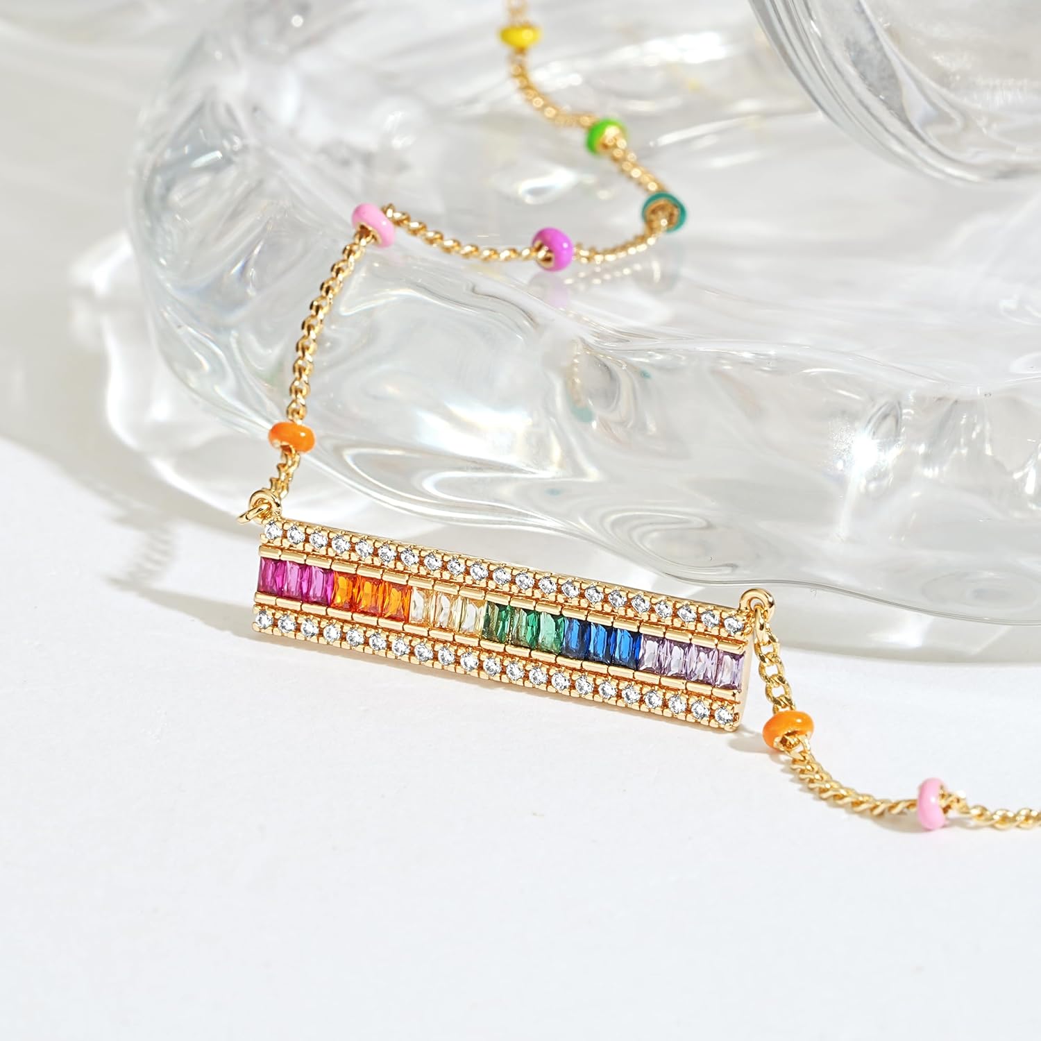 Fettero Dainty 14K Gold Plated Cubic Zirconia Necklaces for Women, Simple Bar Pendant Necklace, Mix-color Rainbow Jewelry Gold Necklace for Women Trendy Gifts - Image 5