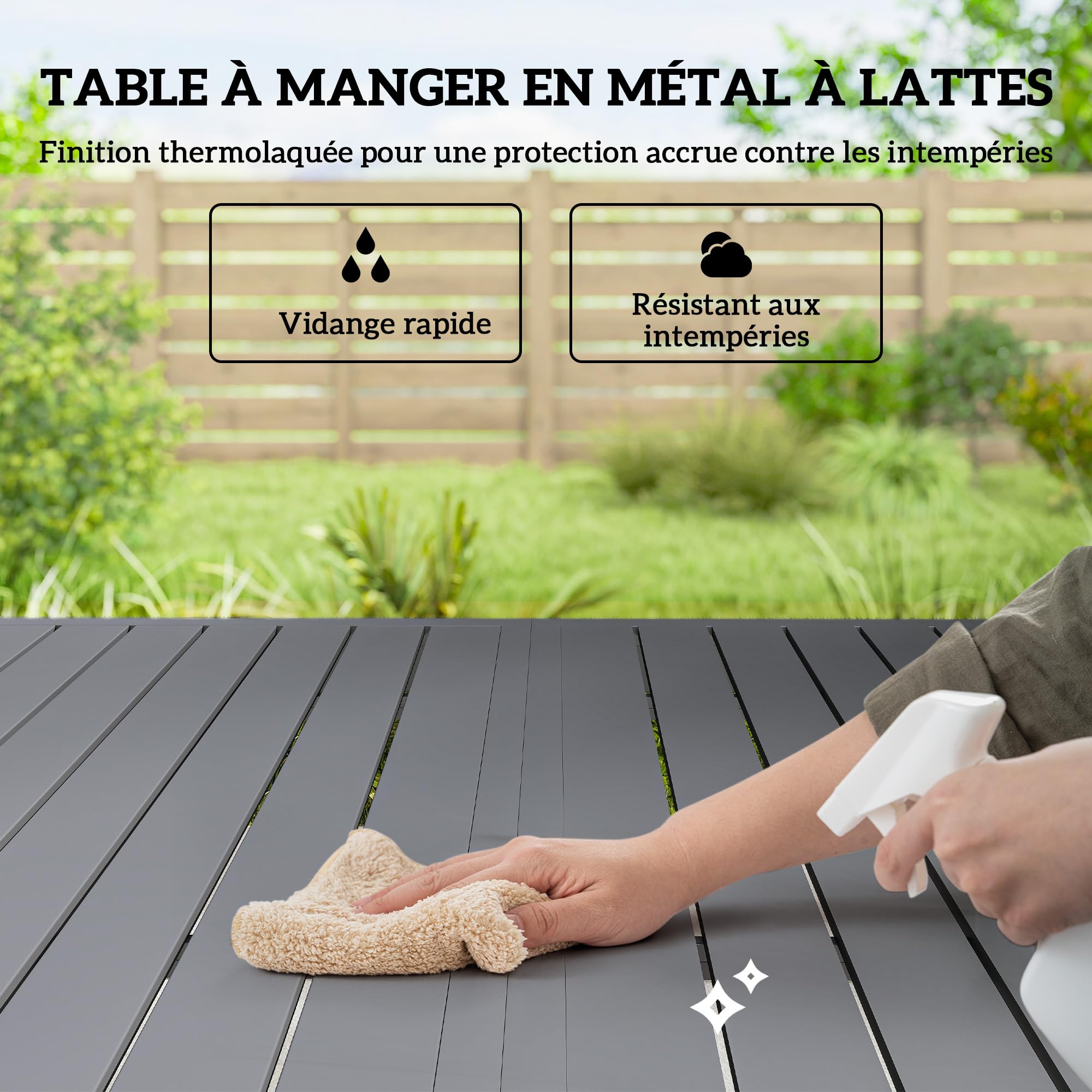 Outsunny Salon de Jardin extérieur 7 pièces, Table de Jardin extérieure avec 6 chaises empilables, Plateau à Lattes 150 cm, Structure en Acier Anti-Rouille, mobilier de Jardin, terrasse, Gris Clair