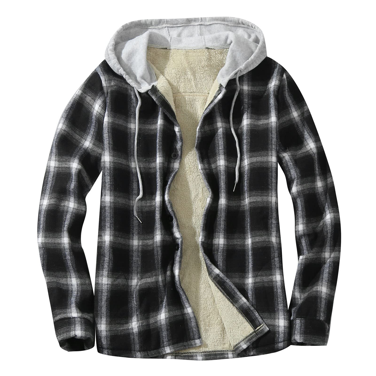 Holzfäller Thermohemd Herren Gefüttert Mit Kapuze Karierte Teddy-Fleece Flanellhemd Langarm Zipper Karierthemd Kapuzenhemd Hemdjacke Holzfällerhemd Thermo Arbeitshemd Sport Jacken Kapuzenpullover