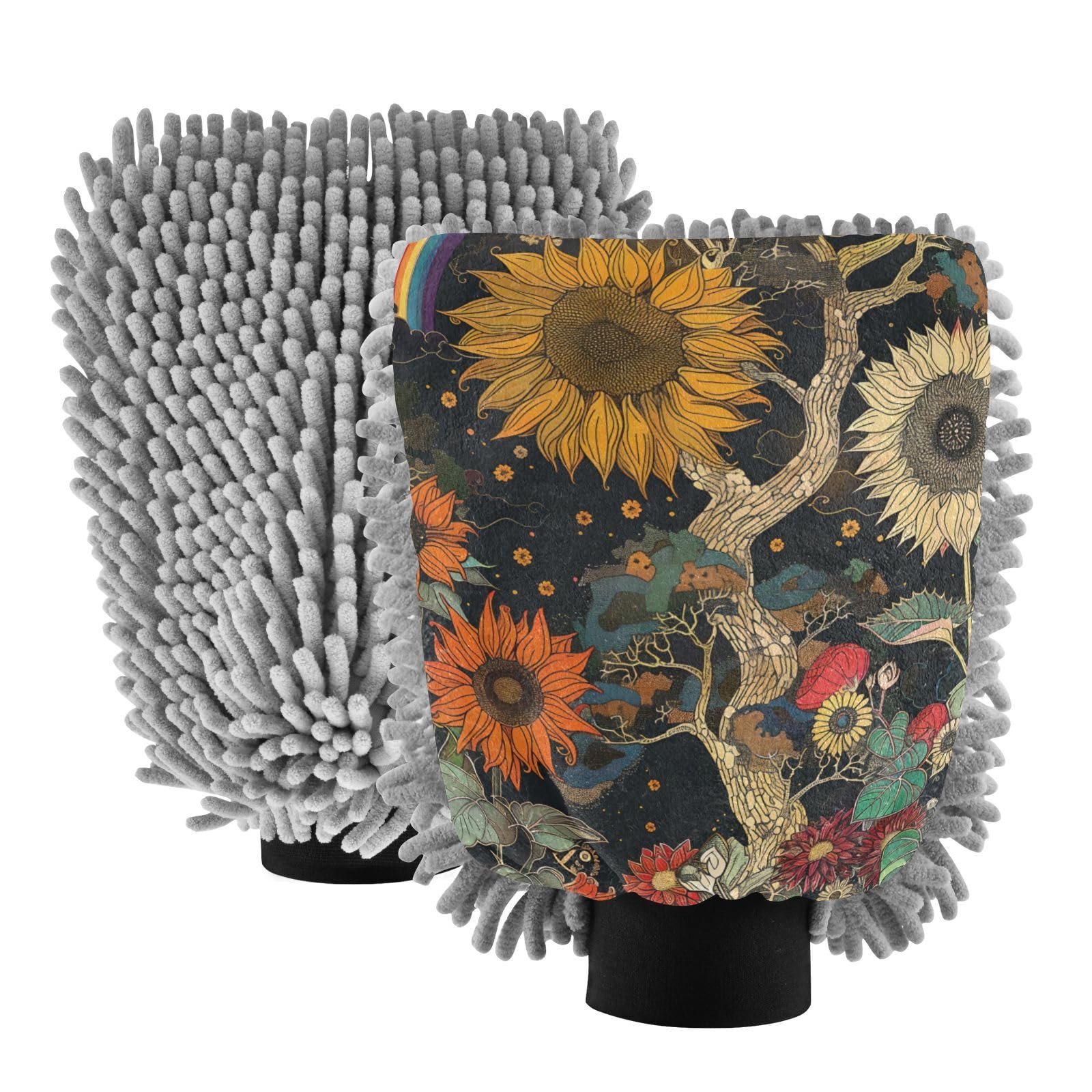 IOACIY Absorbent Microfiber Car Wash Drying Mitts, 2 Pack, Scratch-Free & Lint-Free, Rich Foam, Highly Absorbent, Double Sided, Wash Mitt Perfect for Car Washing, L, Sunflower (3)
