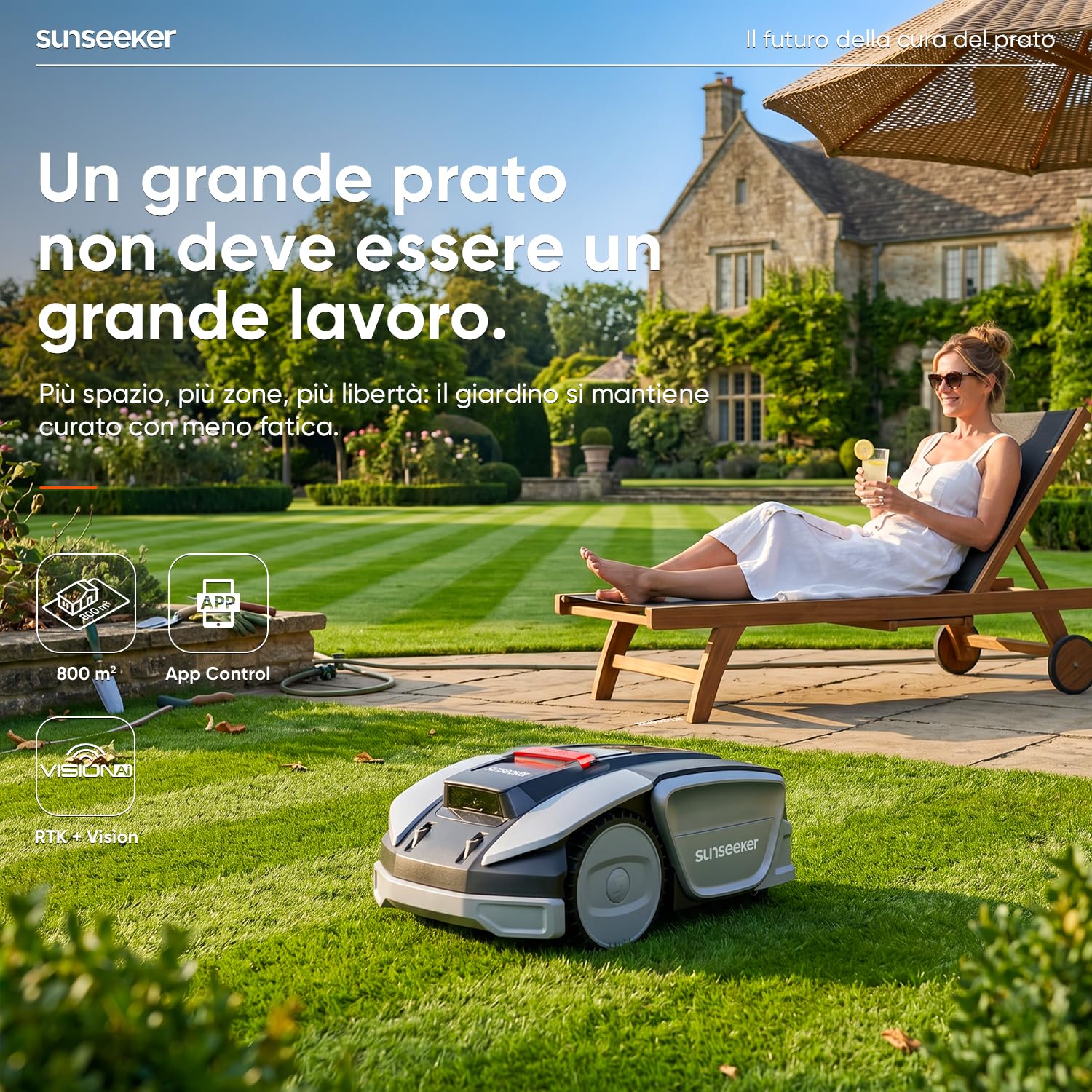 Sunseeker S3 Robot Tagliaerba Senza Filo, RTK + Vision AI, 800 m² + Set di 12 Lame Universali