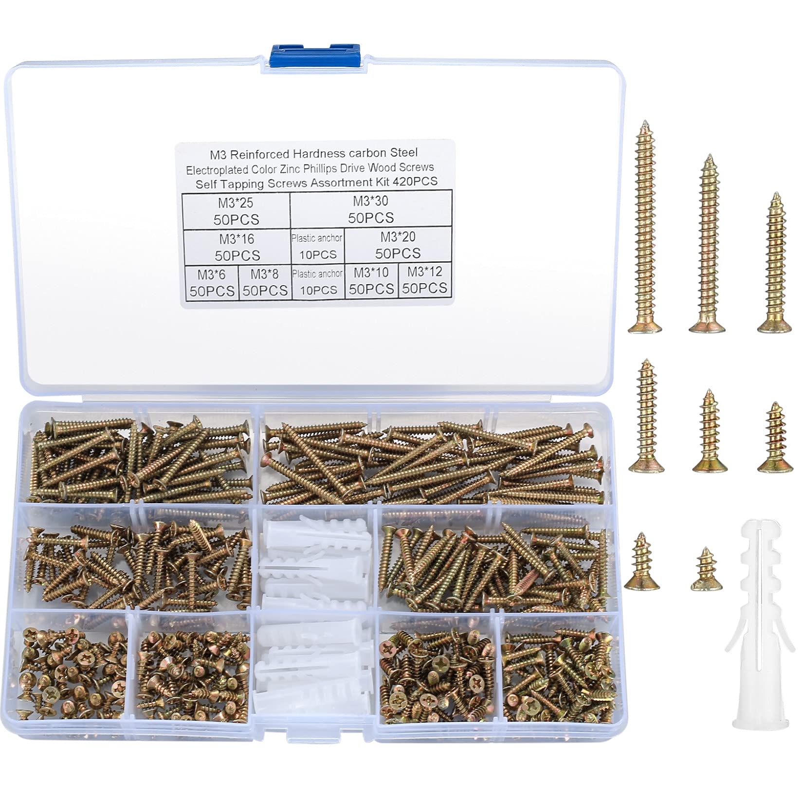 420 Pcs Brass Self Tapping Screws, Wood Self Drilling Flat Cross Head