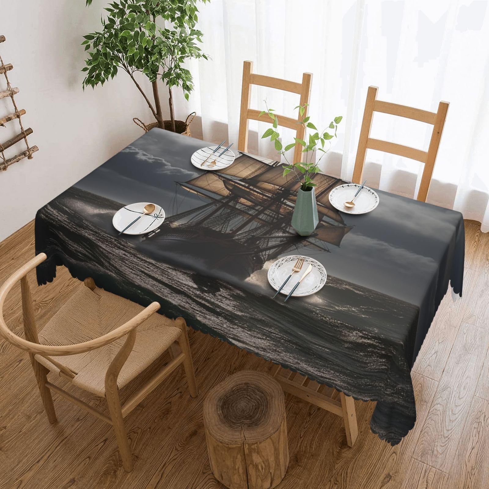FodPand Sailing Ship in Storm Tablecloths for Rectangle Tables 54 x 72 Inch - Reusable Washable Dining Table Clothes - Stain and Wrinkle Resistant Decorative Fabric Table Cover for Wedding Party