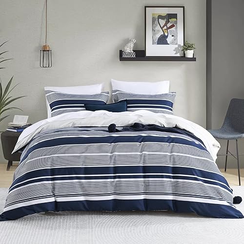 Juego de funda de edredón tamaño Queen  Funda de edredón 100% algodón a rayas tamaño Queen, color azul marino y blanco, funda de edredón reversible