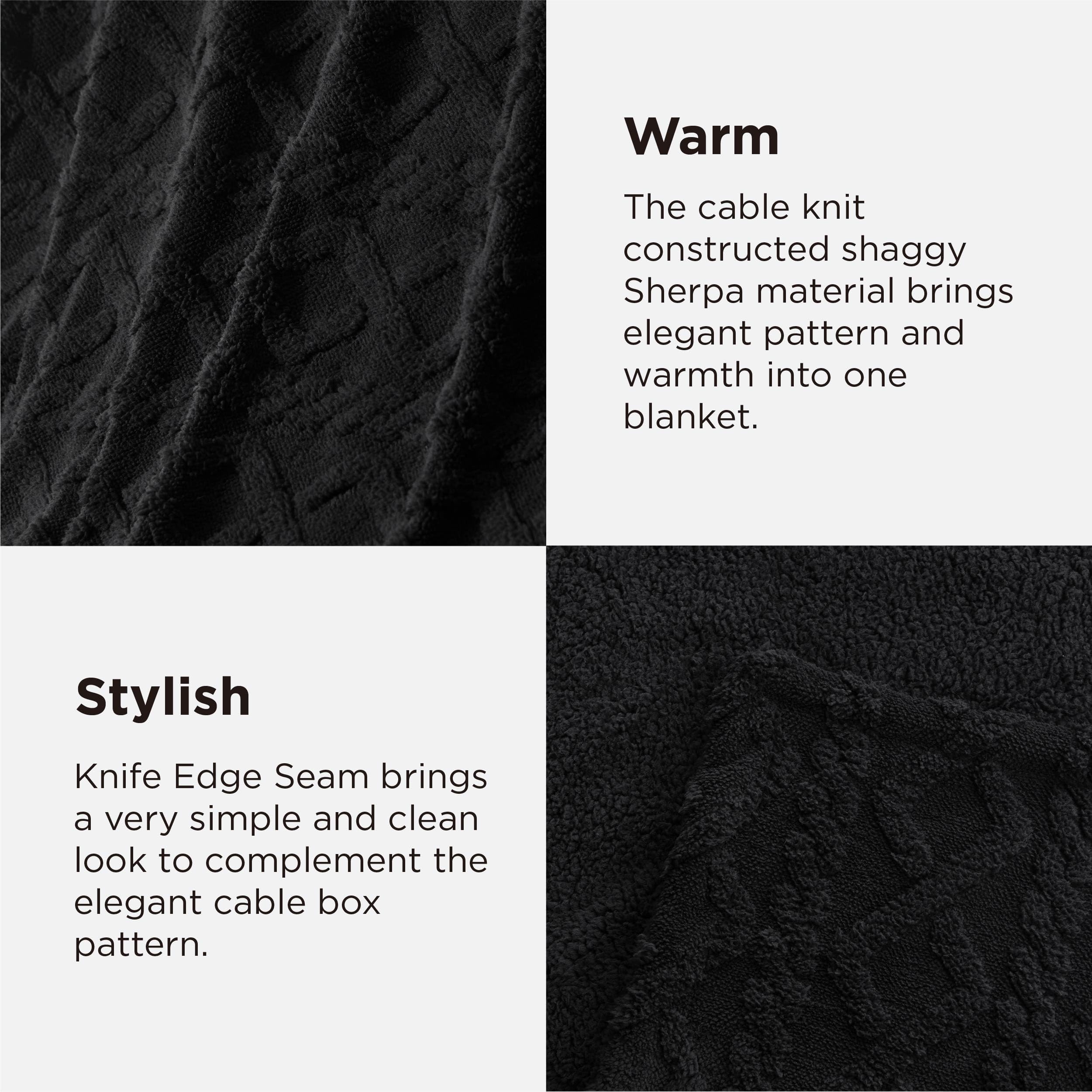 Bedsure Gentlesoft Sherpa Fleece Throw Blanket for Couch - Fluffy & Cozy Cable Jacquard Tufted Throw for Women Gift, Thick and Warm Blankets for Winter, Black, 50x60 Inches