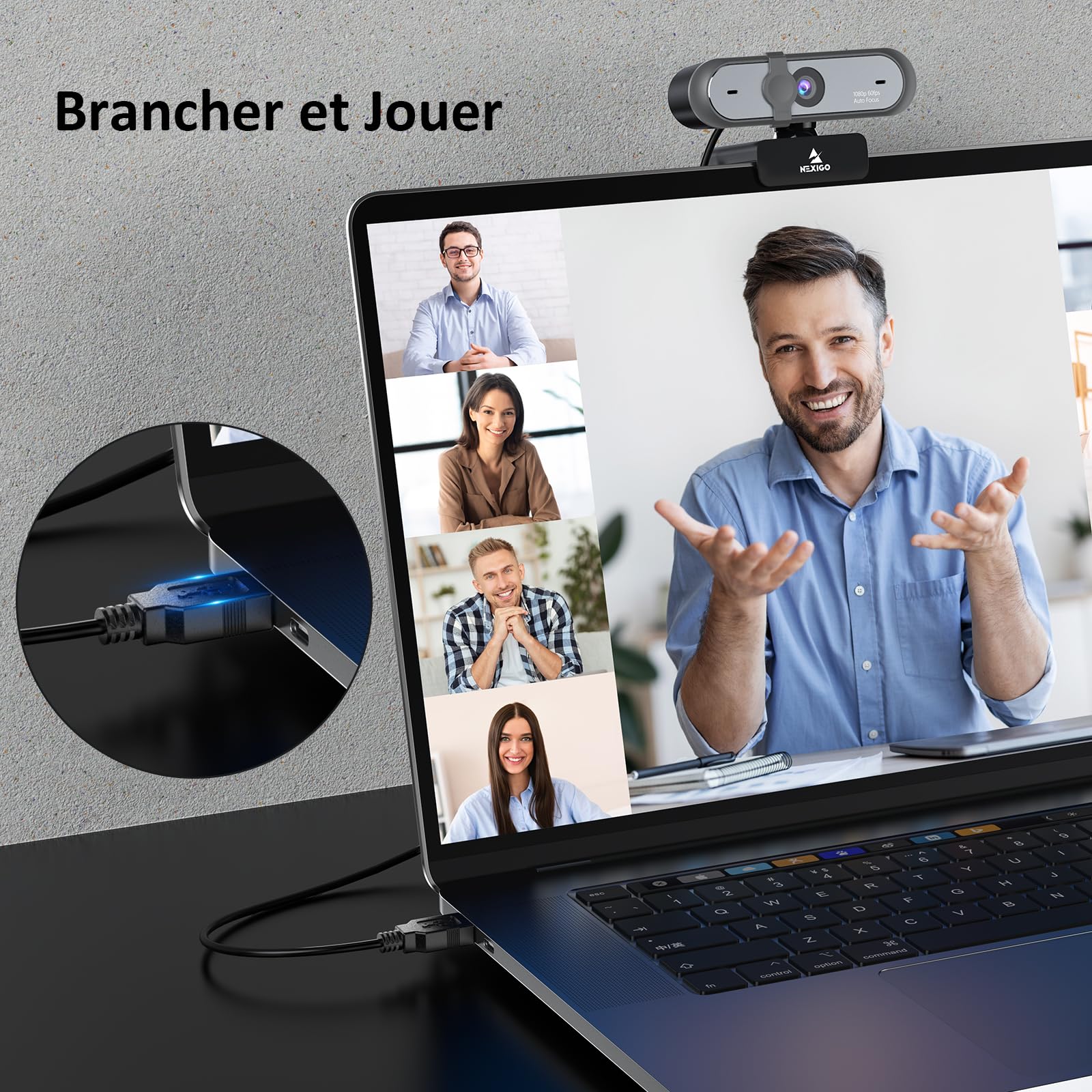 NexiGo N660P Webcam 60FPS AutoFocus pour PC, 1080P Caméra Web avec Deux Microphone et Cache de Confidentialité, USB Webcam pour OBS PC Caméra d'ordinateur, Correction de la lumière